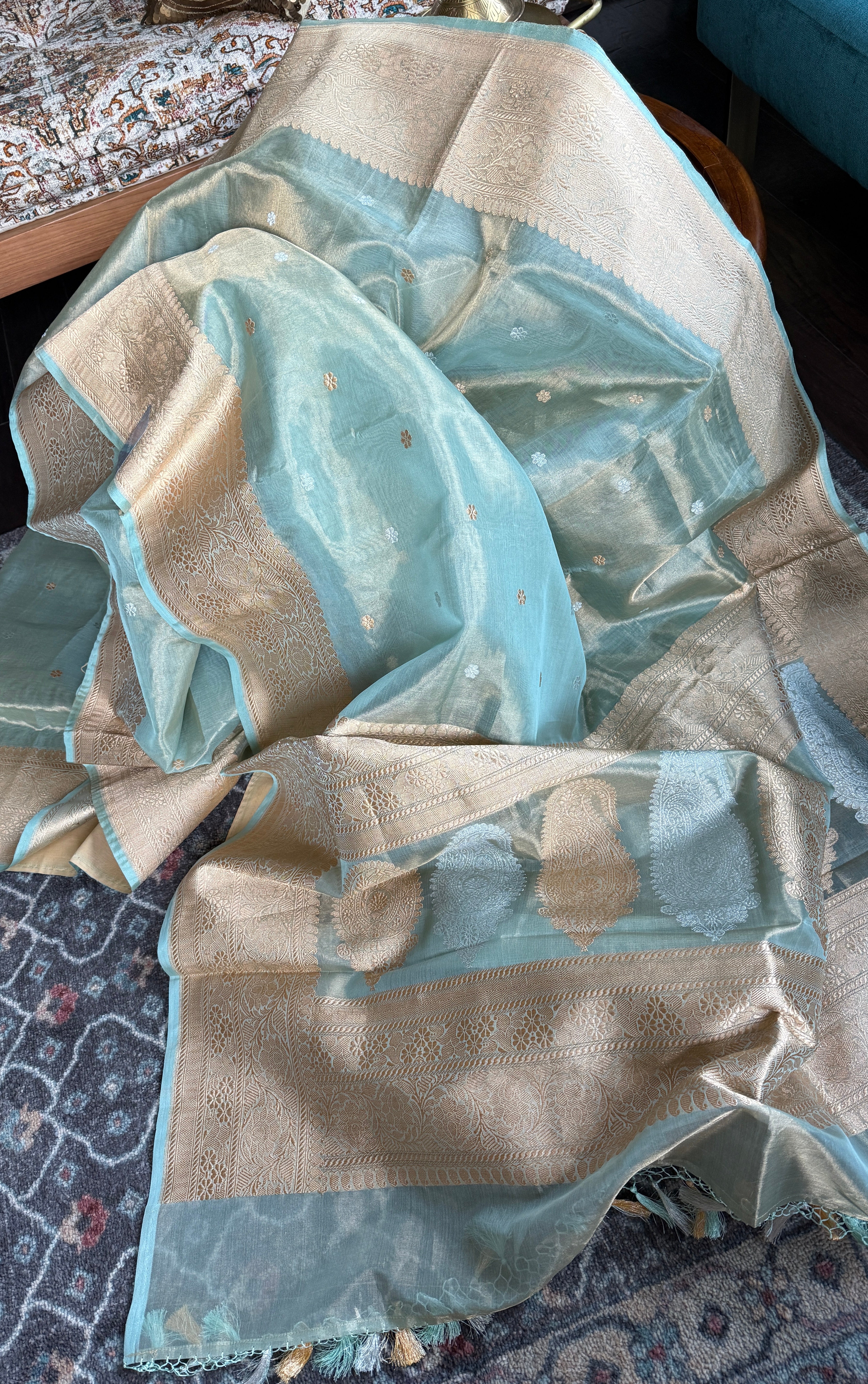 Pure Tissue Kora Silk Banarasi - Light Aqua Blue