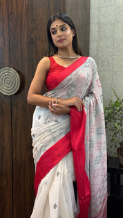 Pure Khadi Cotton Hand Kantha - White Red