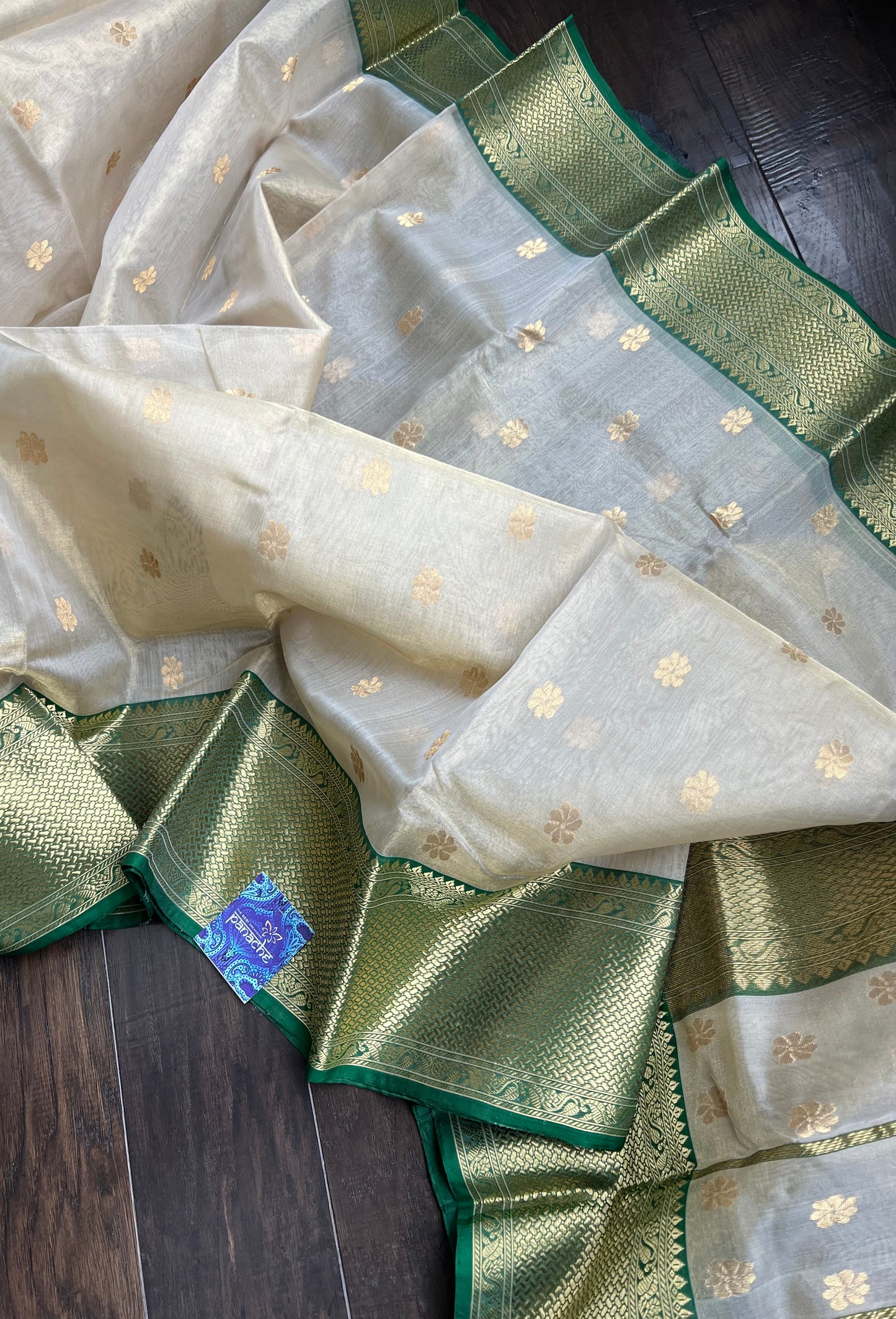 Pure Chanderi Tissue Organza Silk - Golden Beige Green Iknaliya