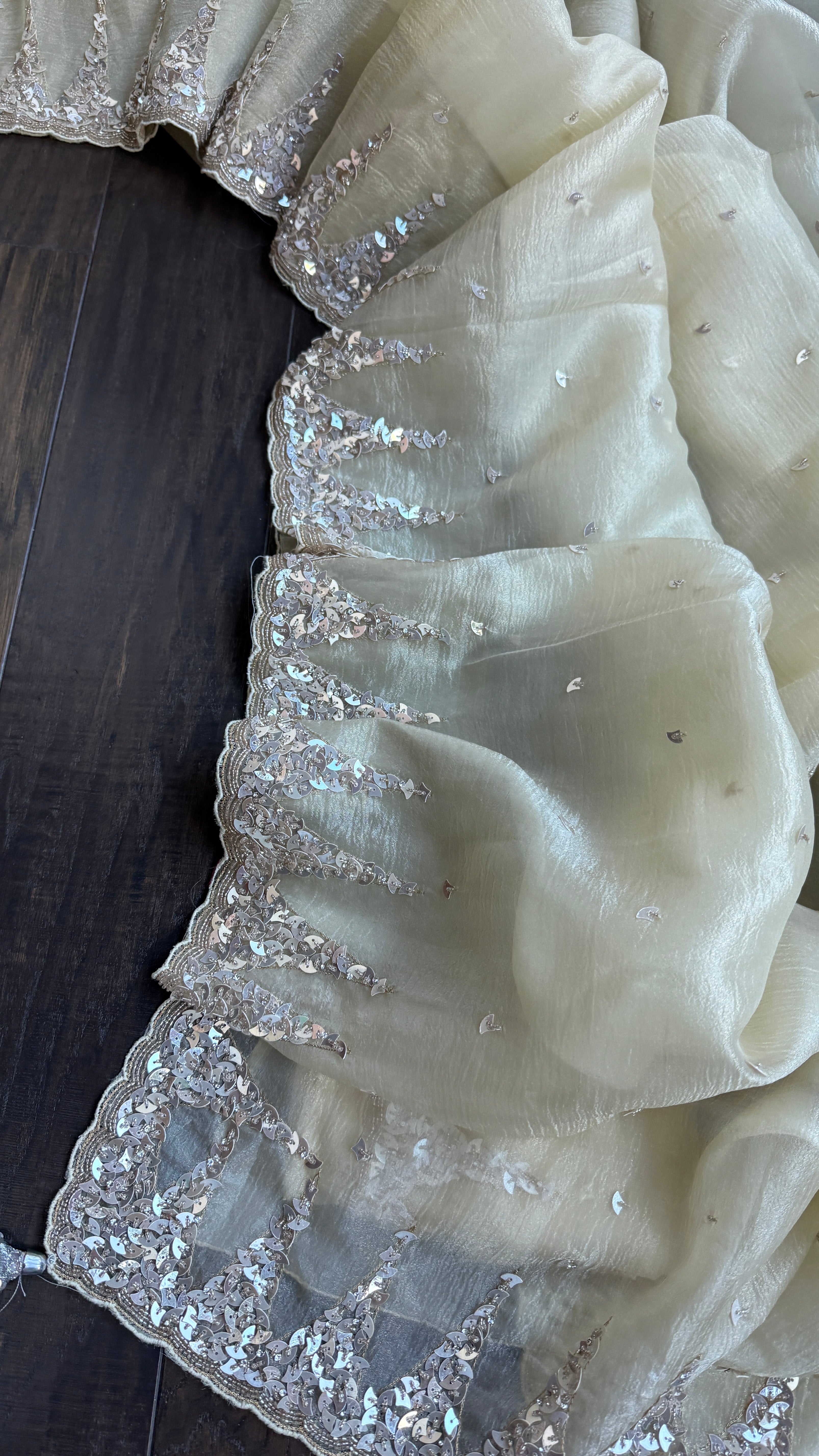 Designer Crushed Chiffon - Light Butter Yellow Sequin Hand Work