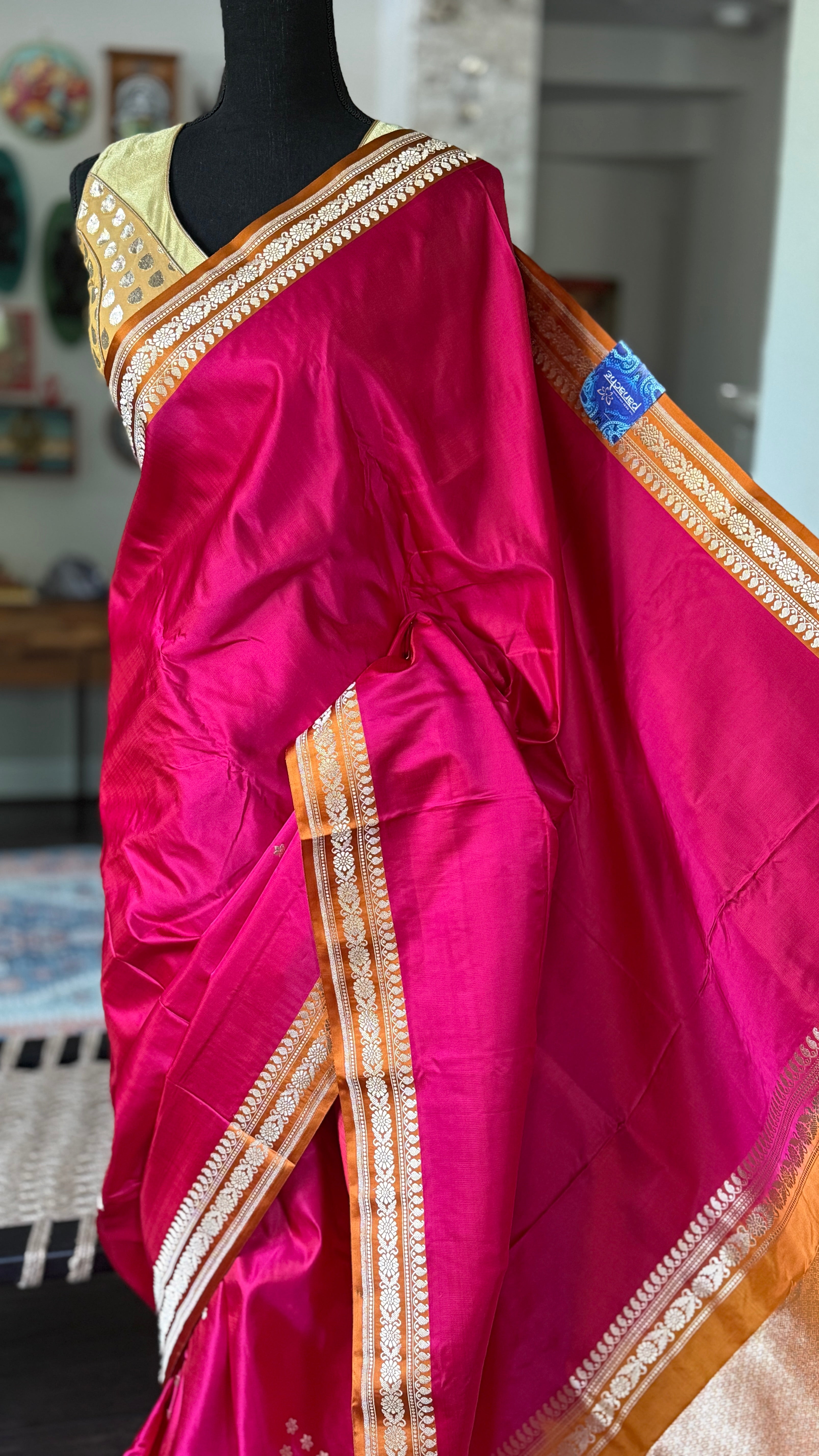 Pure Silk Mashru Banarasi- Rani Pink Ochre Orange