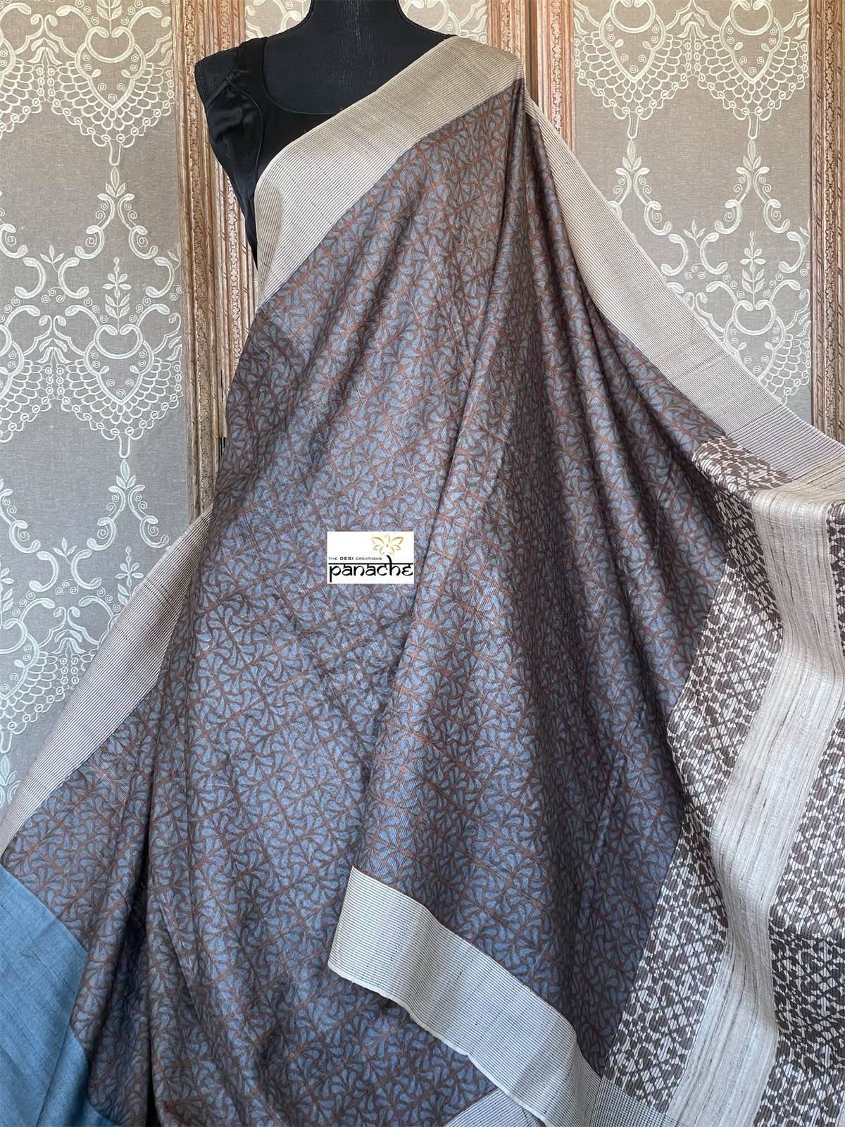 Pure Tussar Silk - Grey Brown embroidered Digital Printed