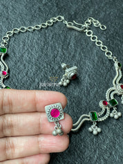Silver 925 Necklace Earring Set - Pink Green Kundan Stone