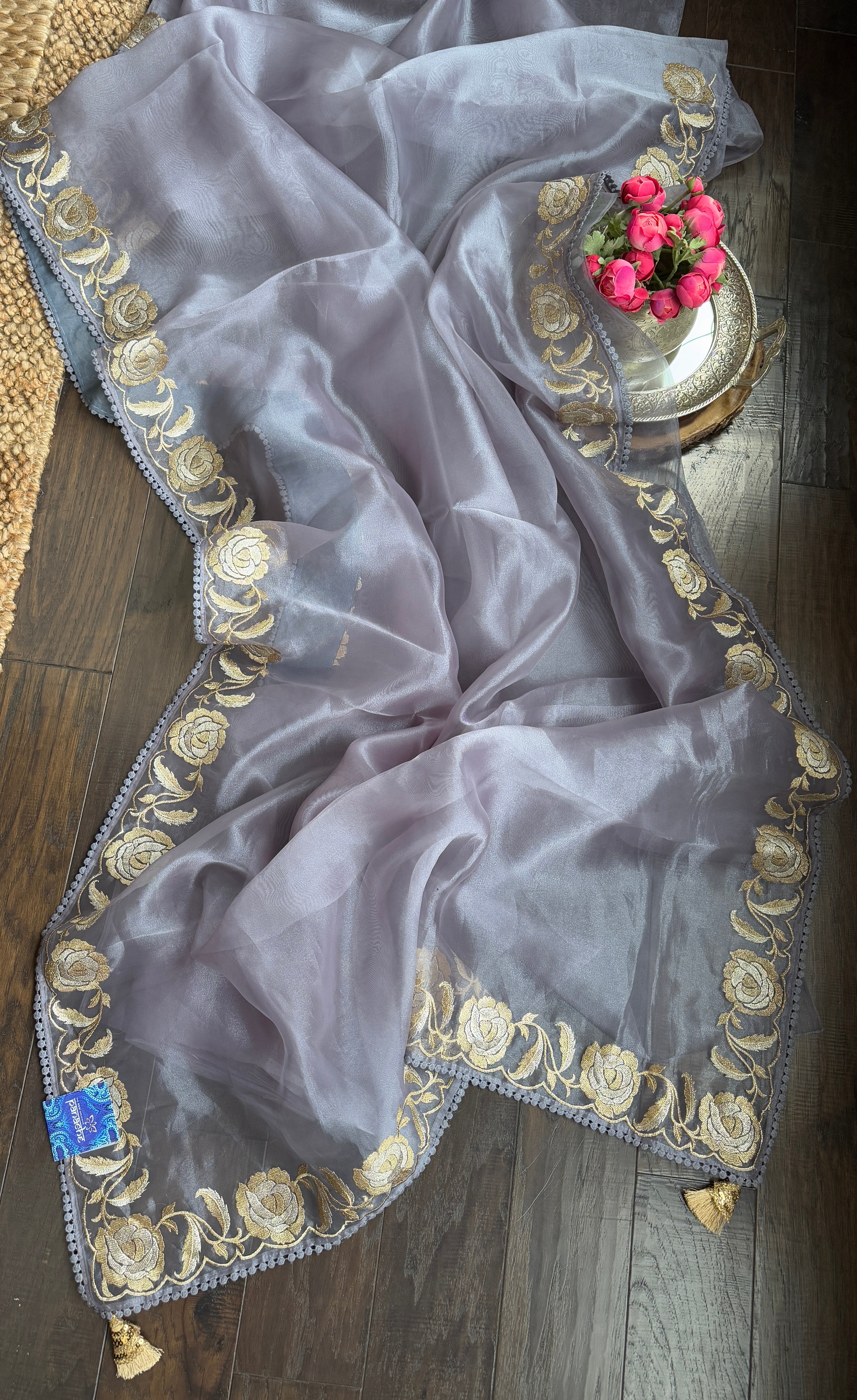 Designer Tissue Organza Embroidered - Silver Grey