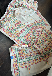 Pure Tussar Silk Gujrati Stitch -  Tussar Color Green Red
