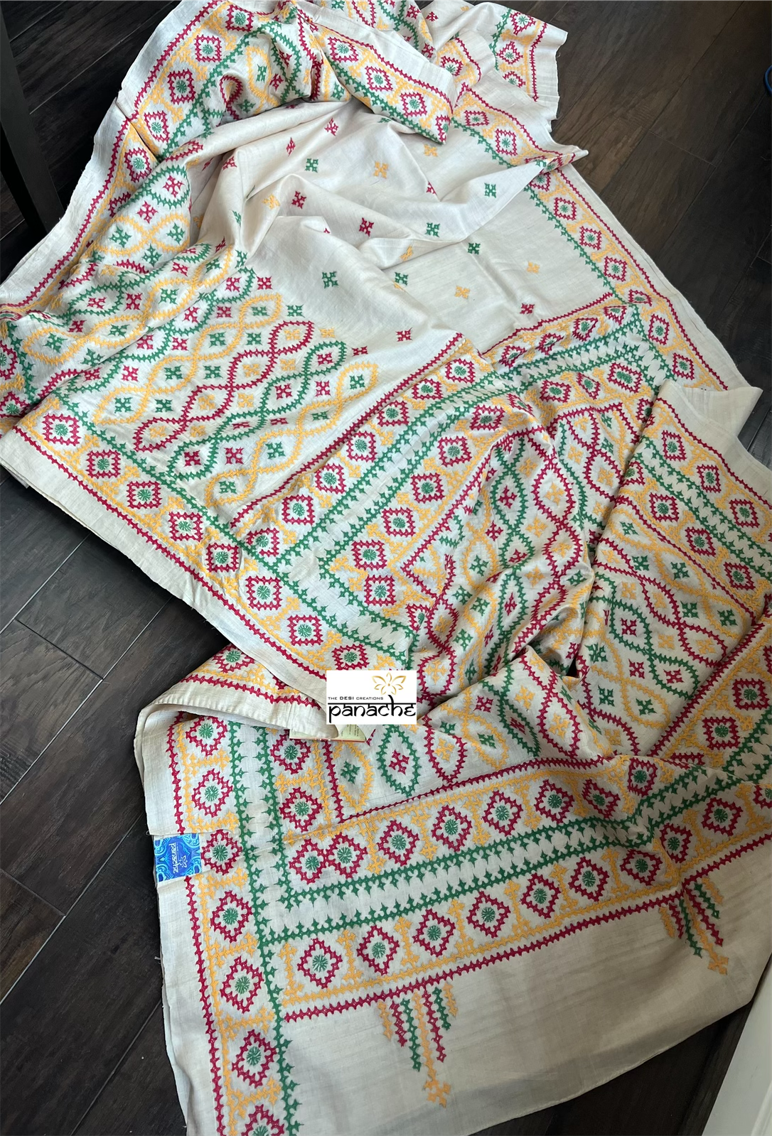 Pure Tussar Silk Gujrati Stitch - Tussar Color Green Red