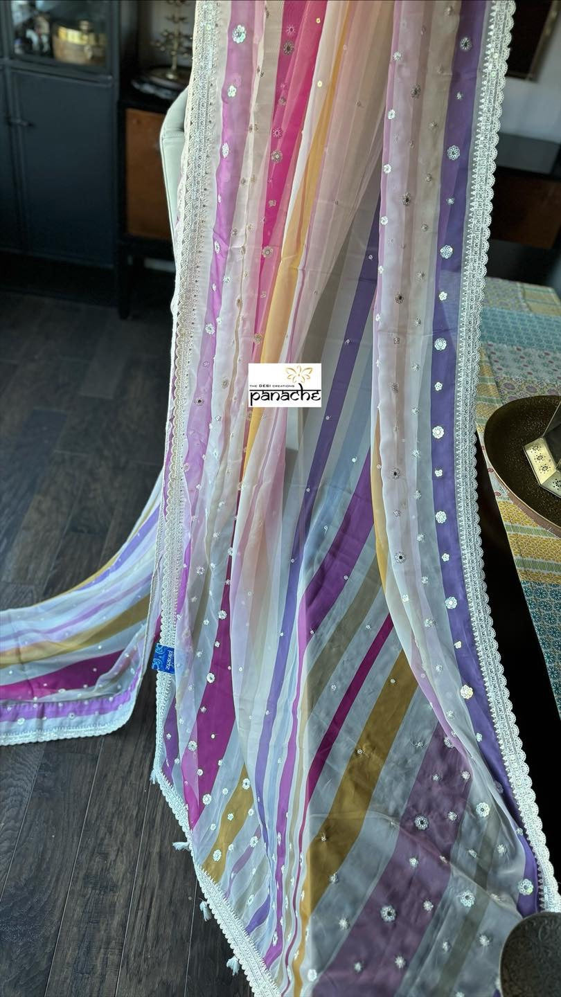 Designer Georgette Organza - Off White Multi Color Hand Embroidered