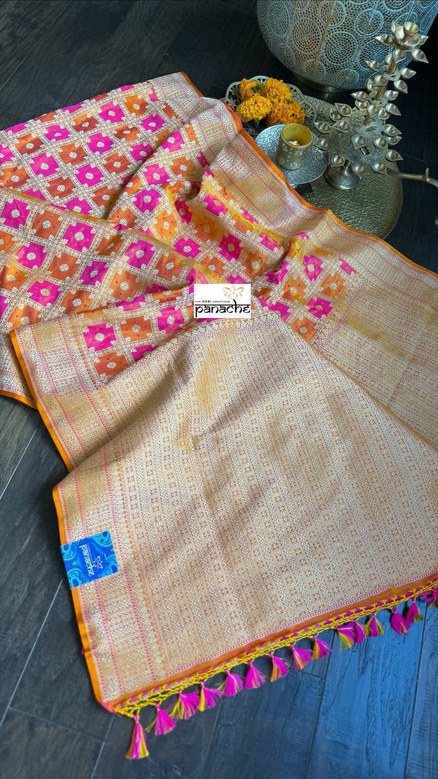 Soft Silk Banarasi - Mustard Yellow Pink Golden Zari