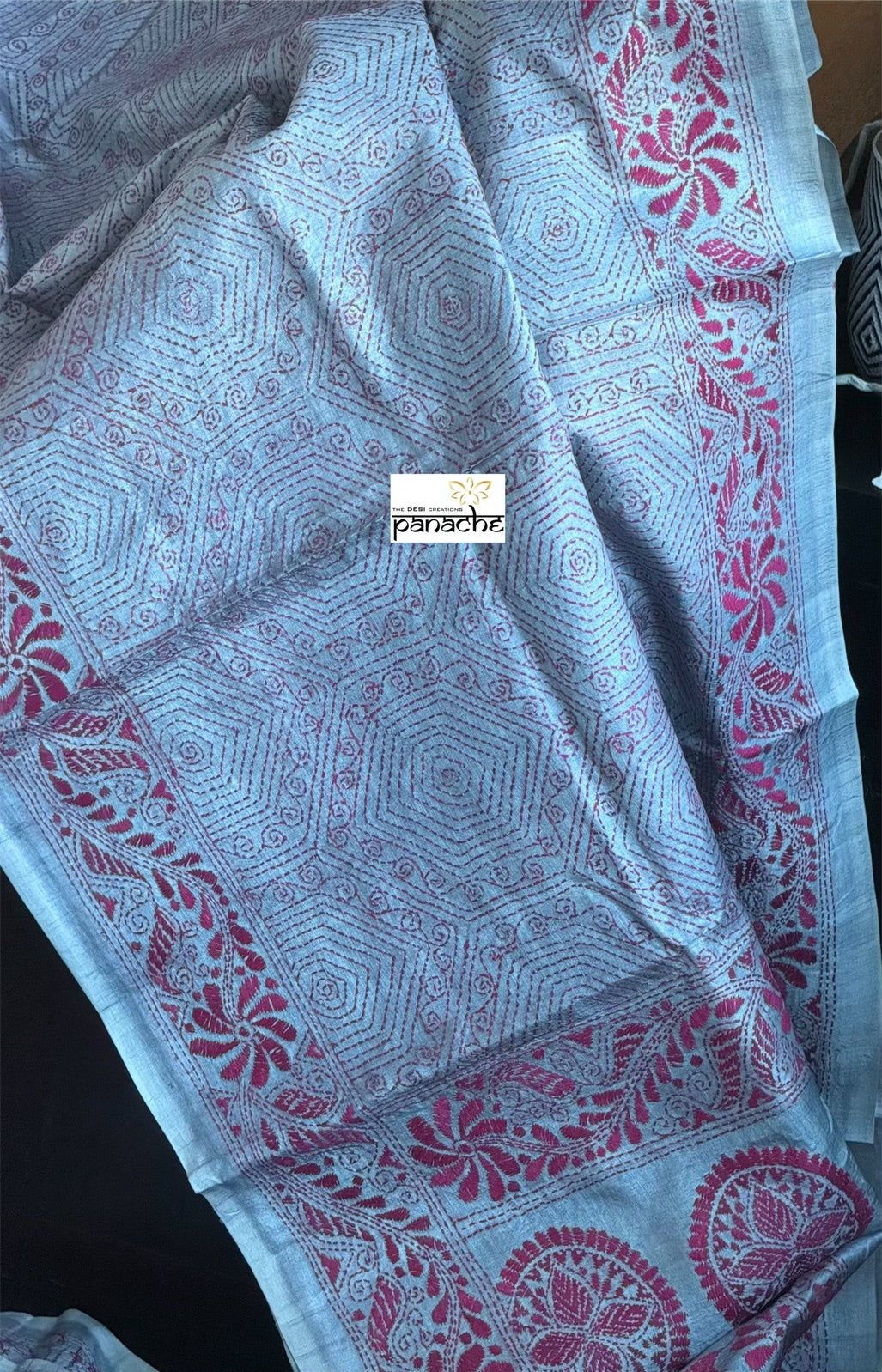 Pure Tussar Silk Kantha Stitch - Grey