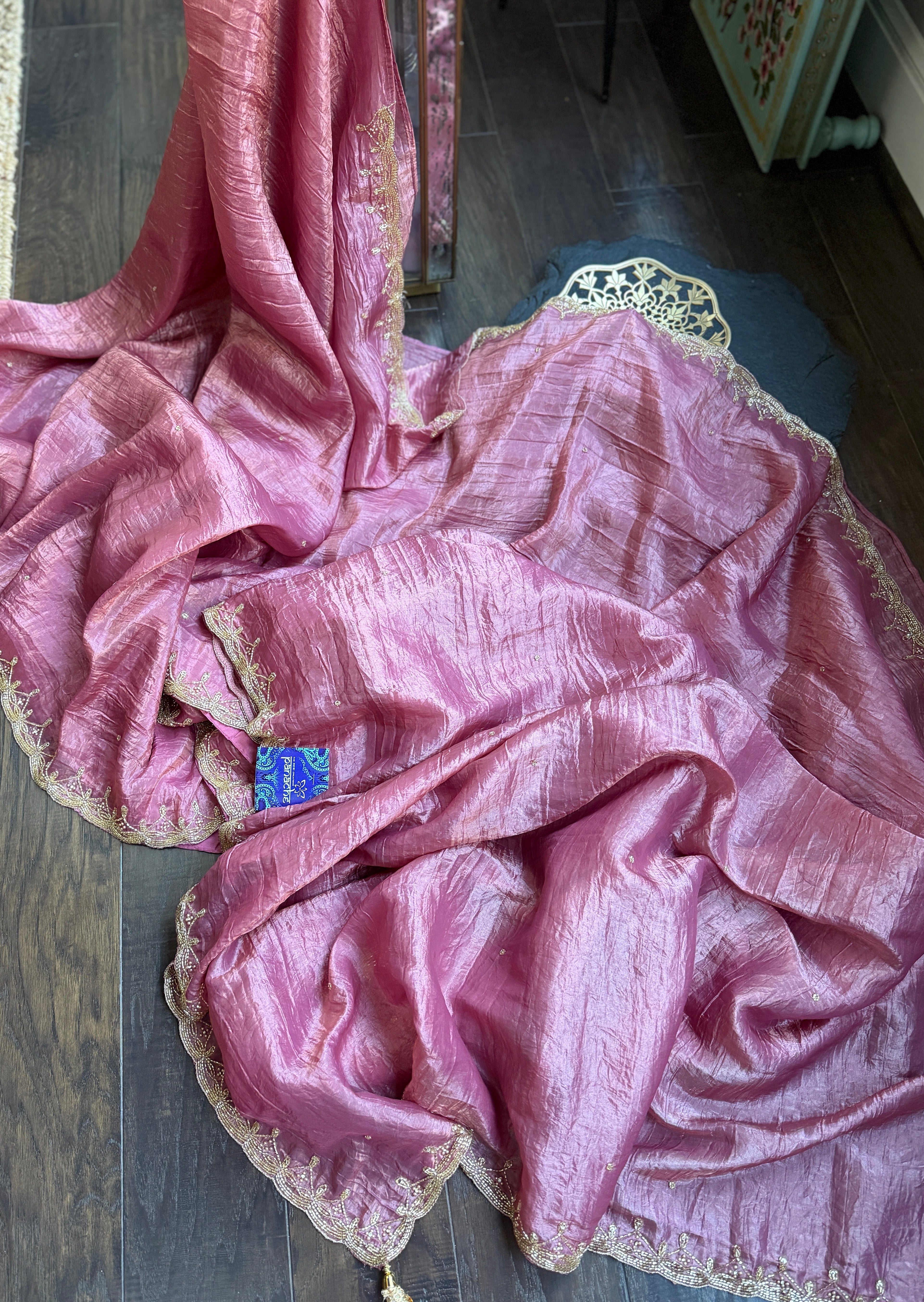 Designer Crushed Tissue Silk - Onion Pink Embroidered