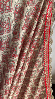 Designer Soft Silk - Beige Red Figurines Printed