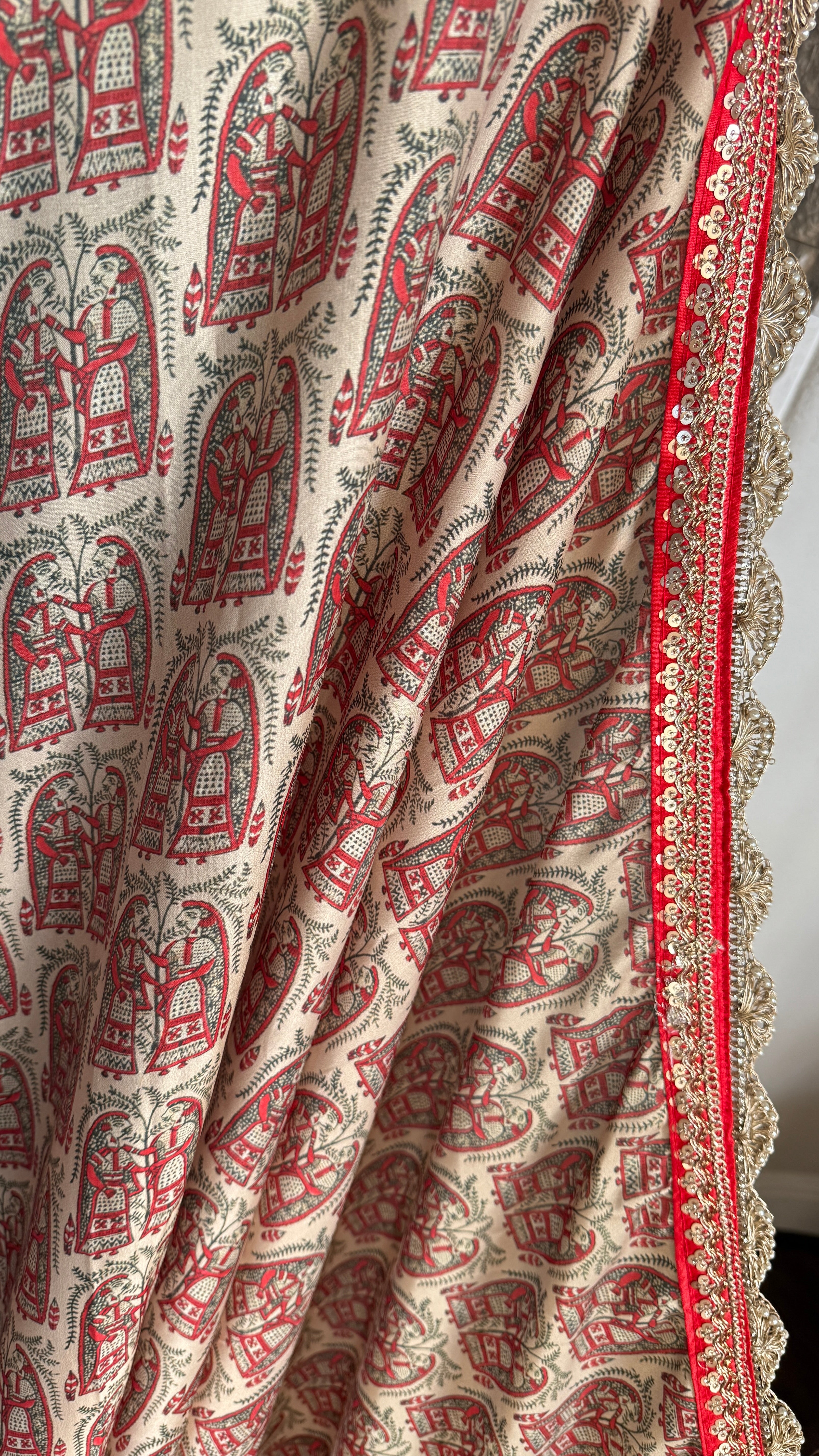 Designer Soft Silk - Beige Red Figurines Printed