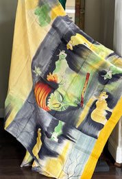 Pure Tussar Silk - Light Lemon Yellow Hand Painted