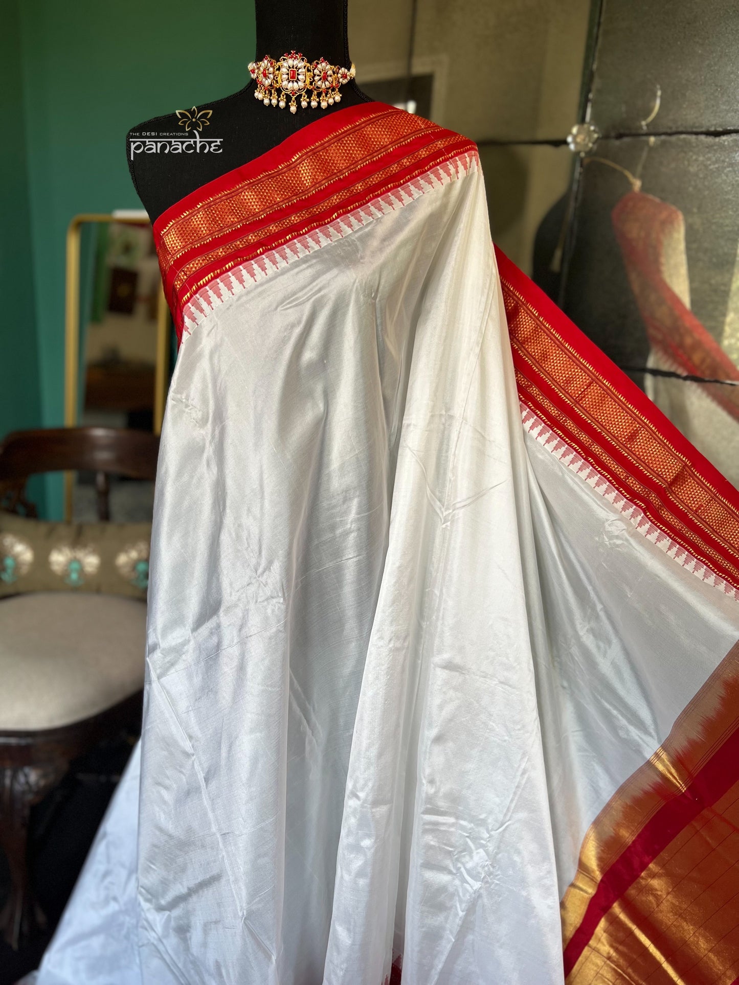 Irkal Silk - White Red Golden