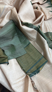 Pure Tussar Silk - Beige Dark Moss Green