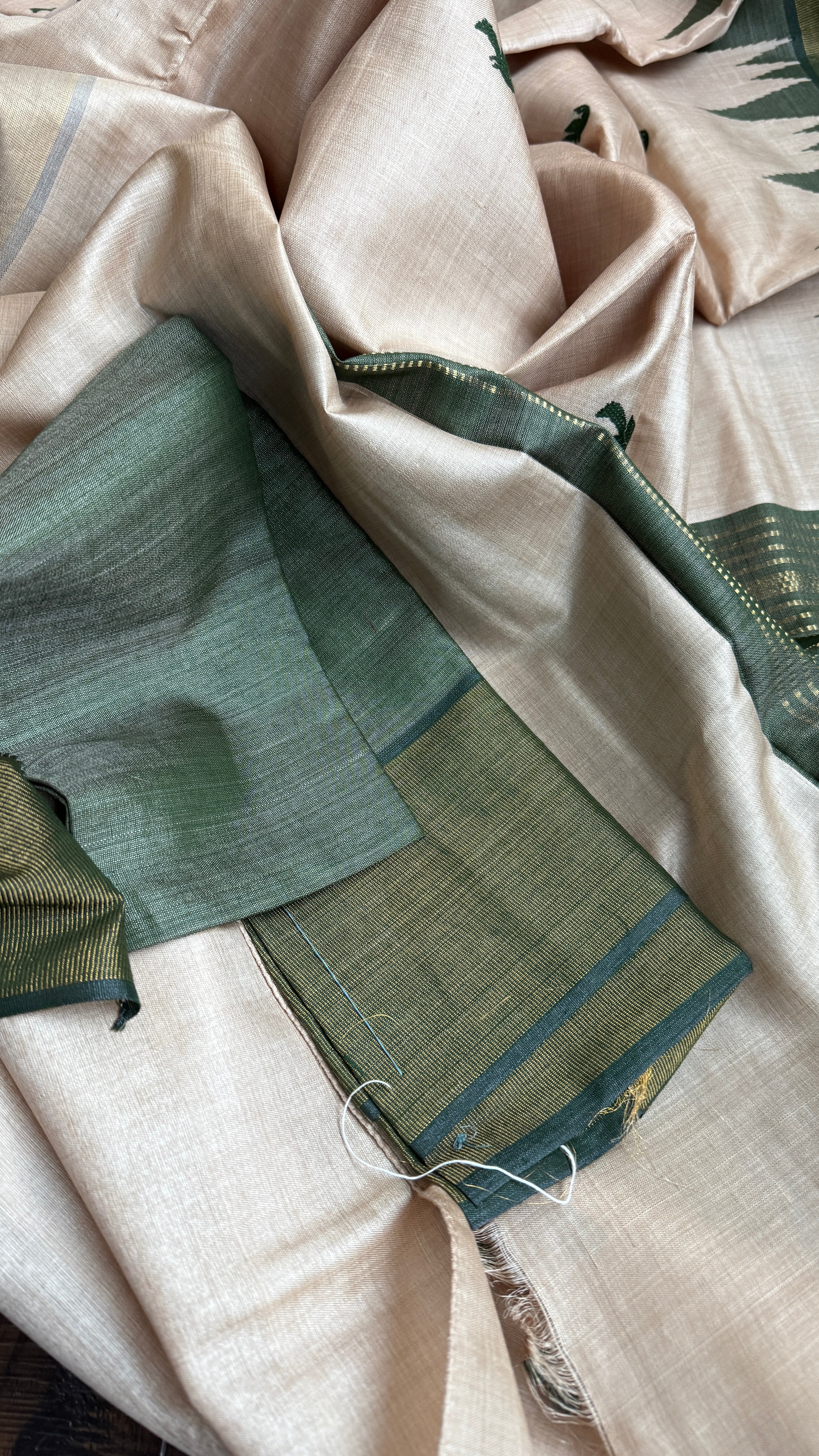 Pure Tussar Silk - Beige Dark Moss Green
