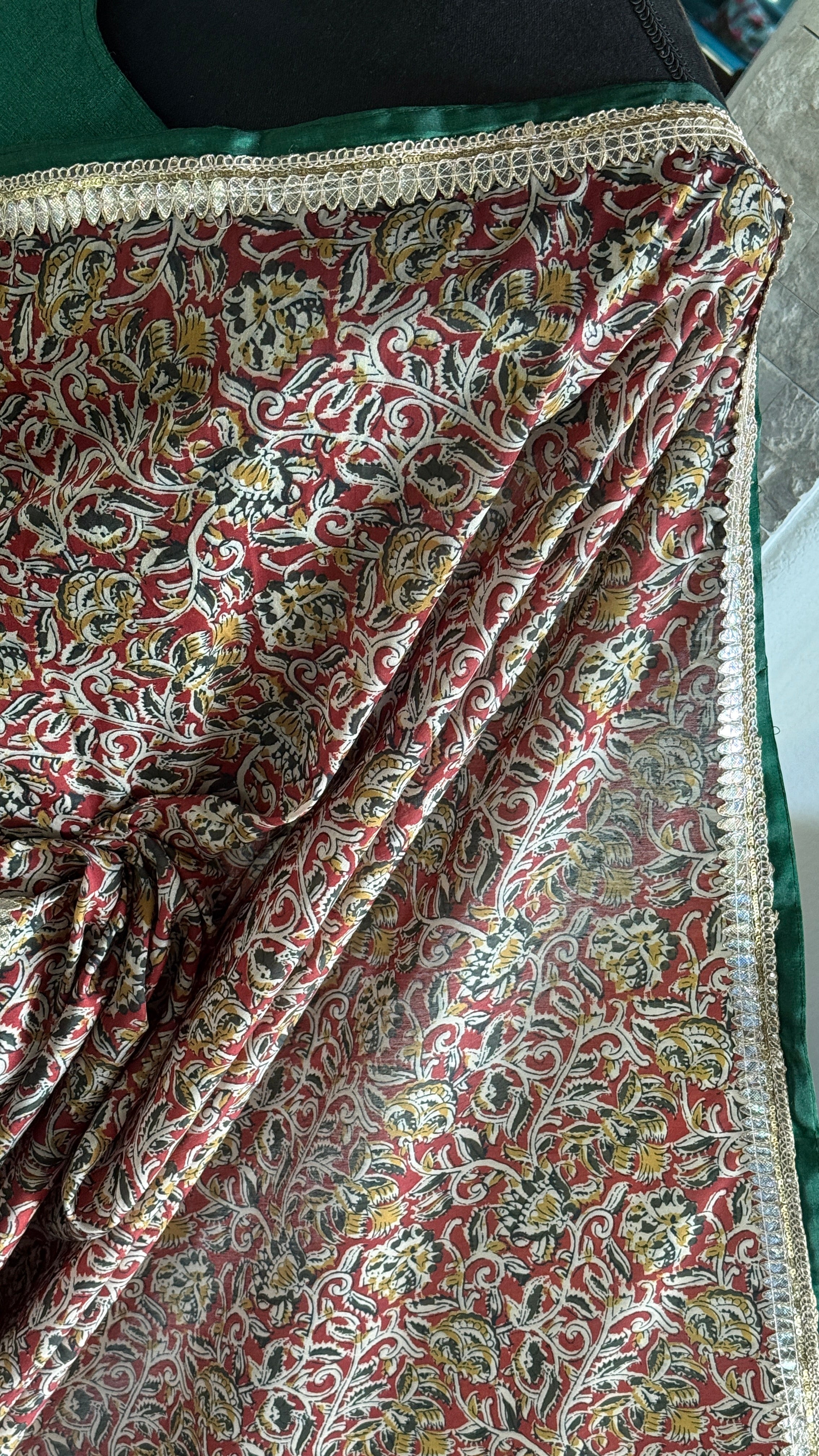 Designer Soft Silk - Green Maroon Kalamkari Printed