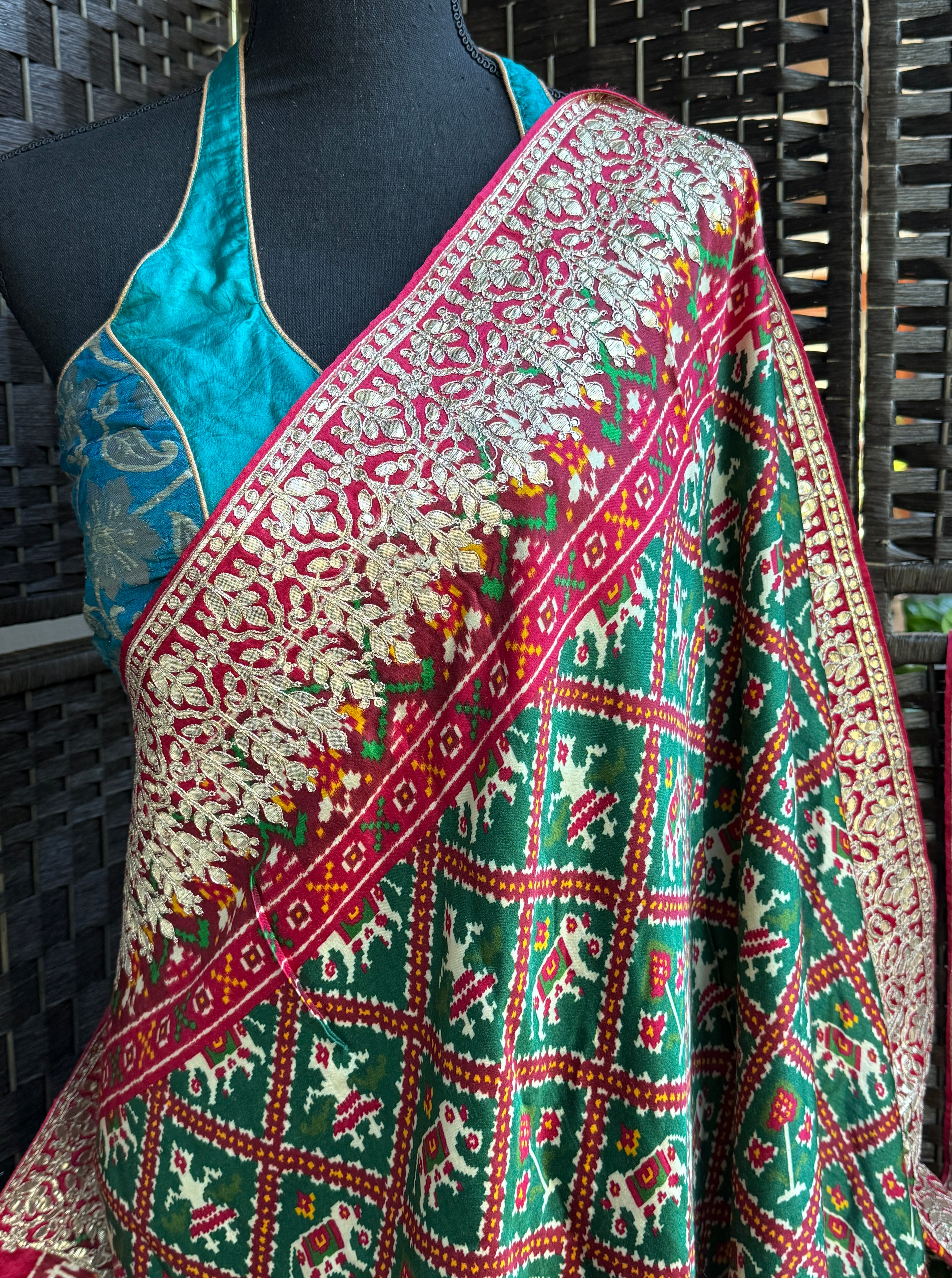 Designer Satin Maslin Silk - Green Red Patola Print