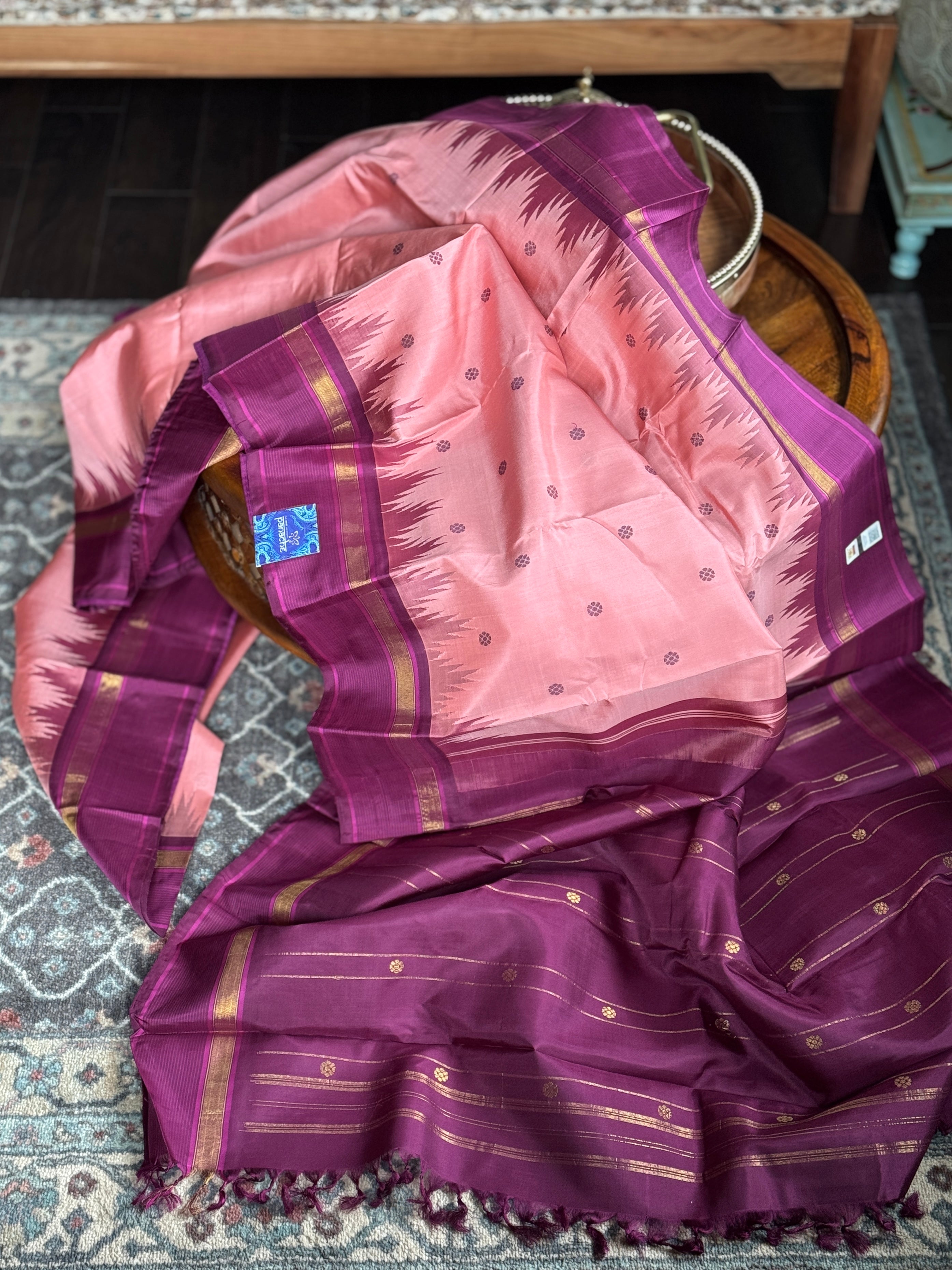 Pure Silk Korvai Kanjivaram - Pink Purple Woven
