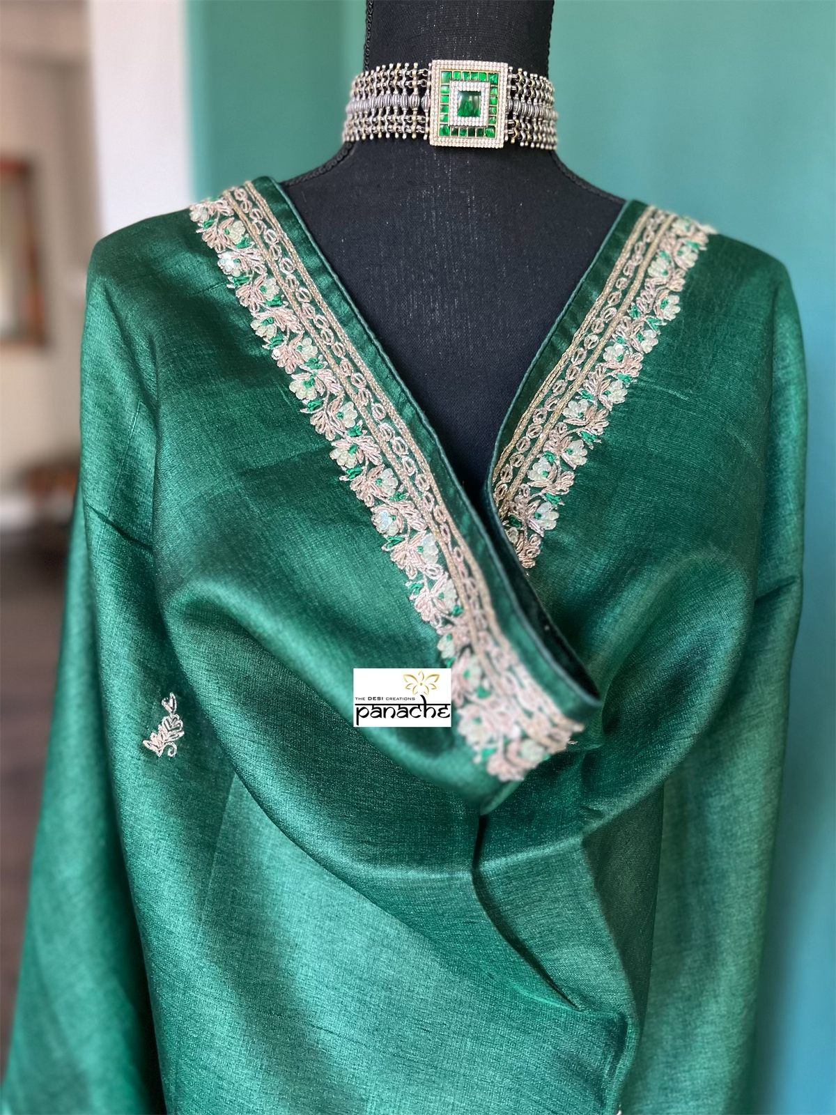 Designer Tussar Silk - Green Hand Embroidered