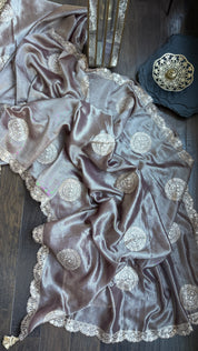 Designer Crushed Tissue Georgette - Brown Hand Pitta Work