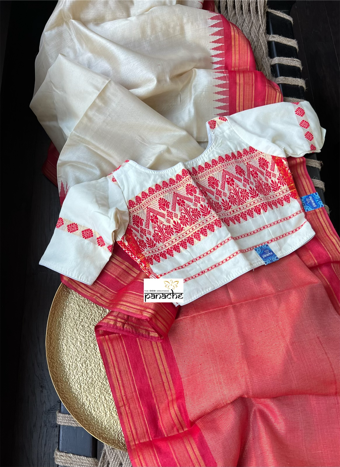 Designer Blouse - Beige Red Woven