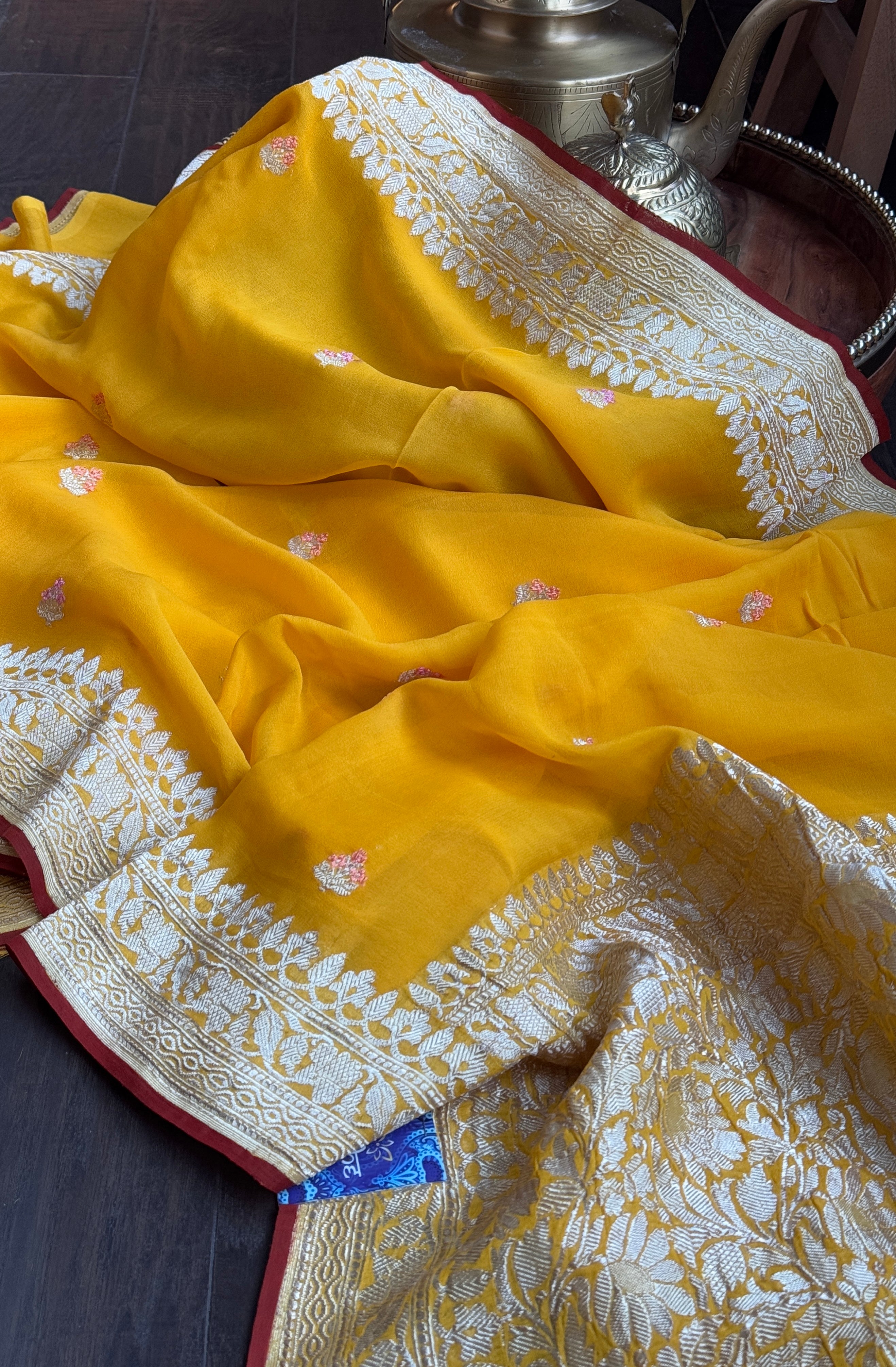 Khaddi Georgette Banarasi - Yellow Red Khadhua Woven