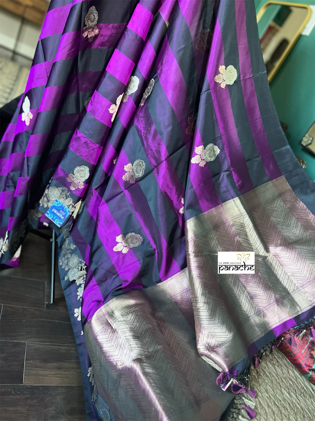 Pure Silk Mashru Banarasi- Black Purple Antique Zari
