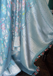 Tussar Silk Banarasi- Light Firozi Blue Silver Zari