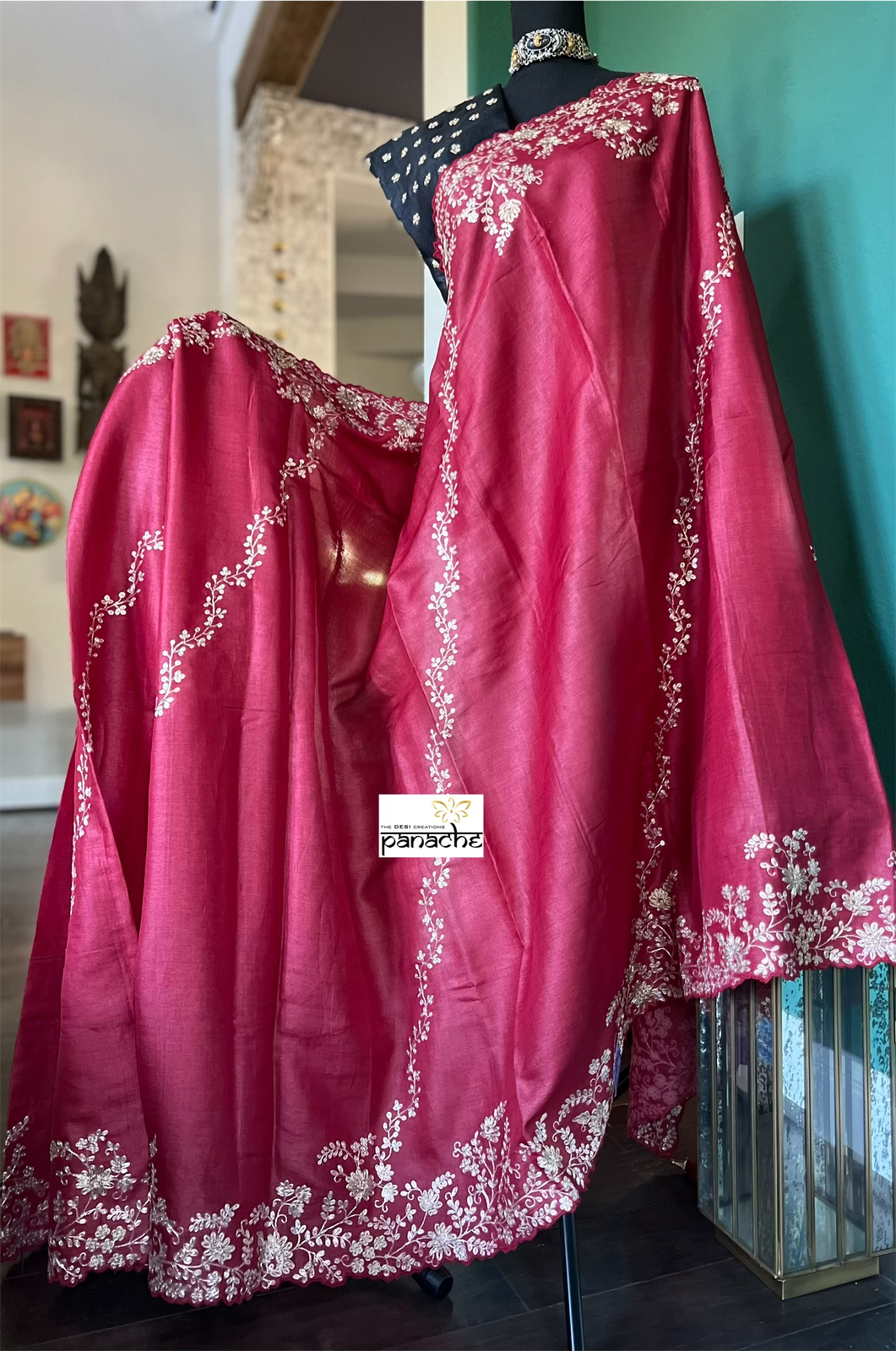 Designer Tussar Silk - Red Black Leheriya Hand Embroidered
