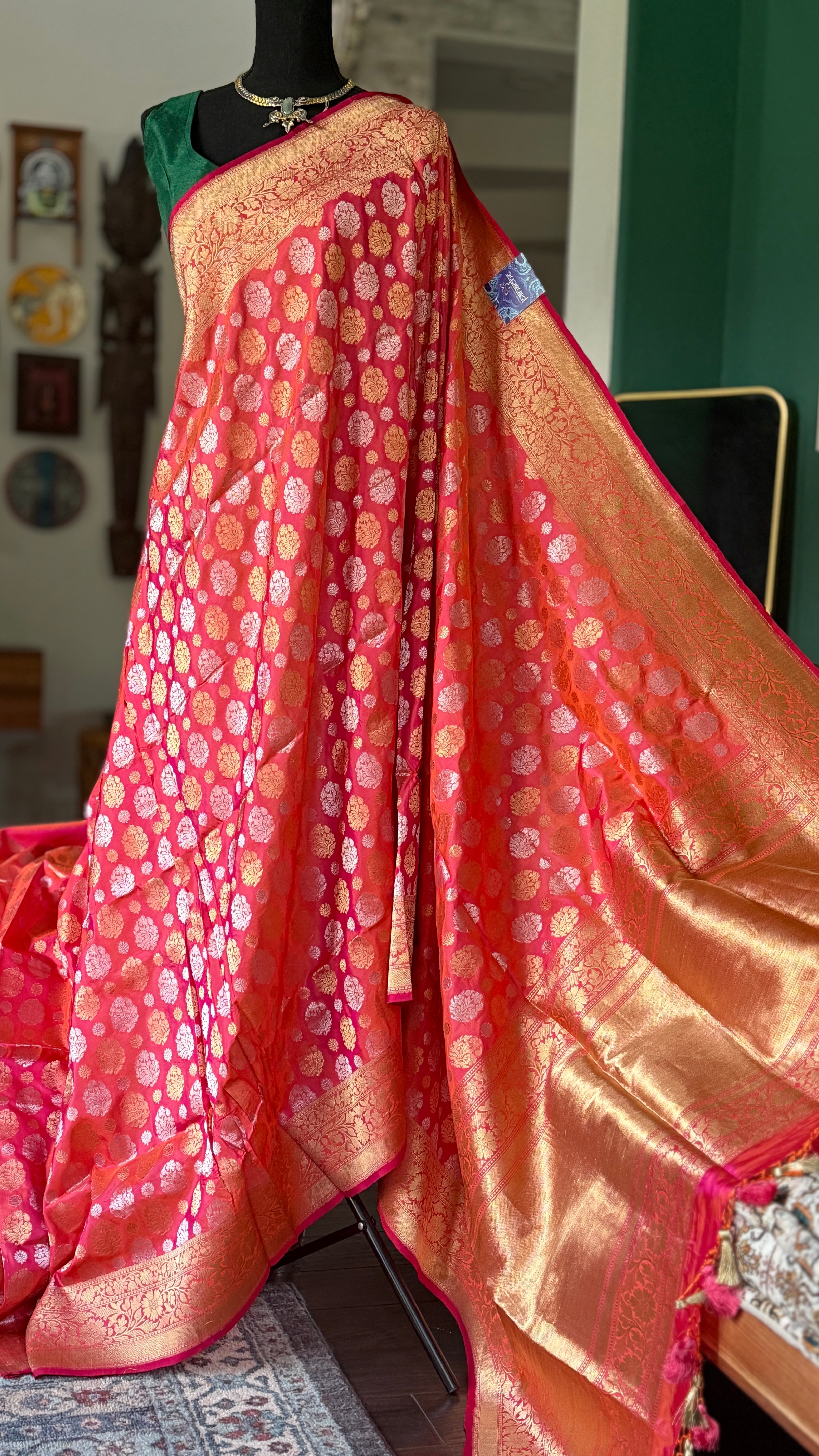 Pure Silk Banarasi - Pink Orange Dual shaded Antique Zari