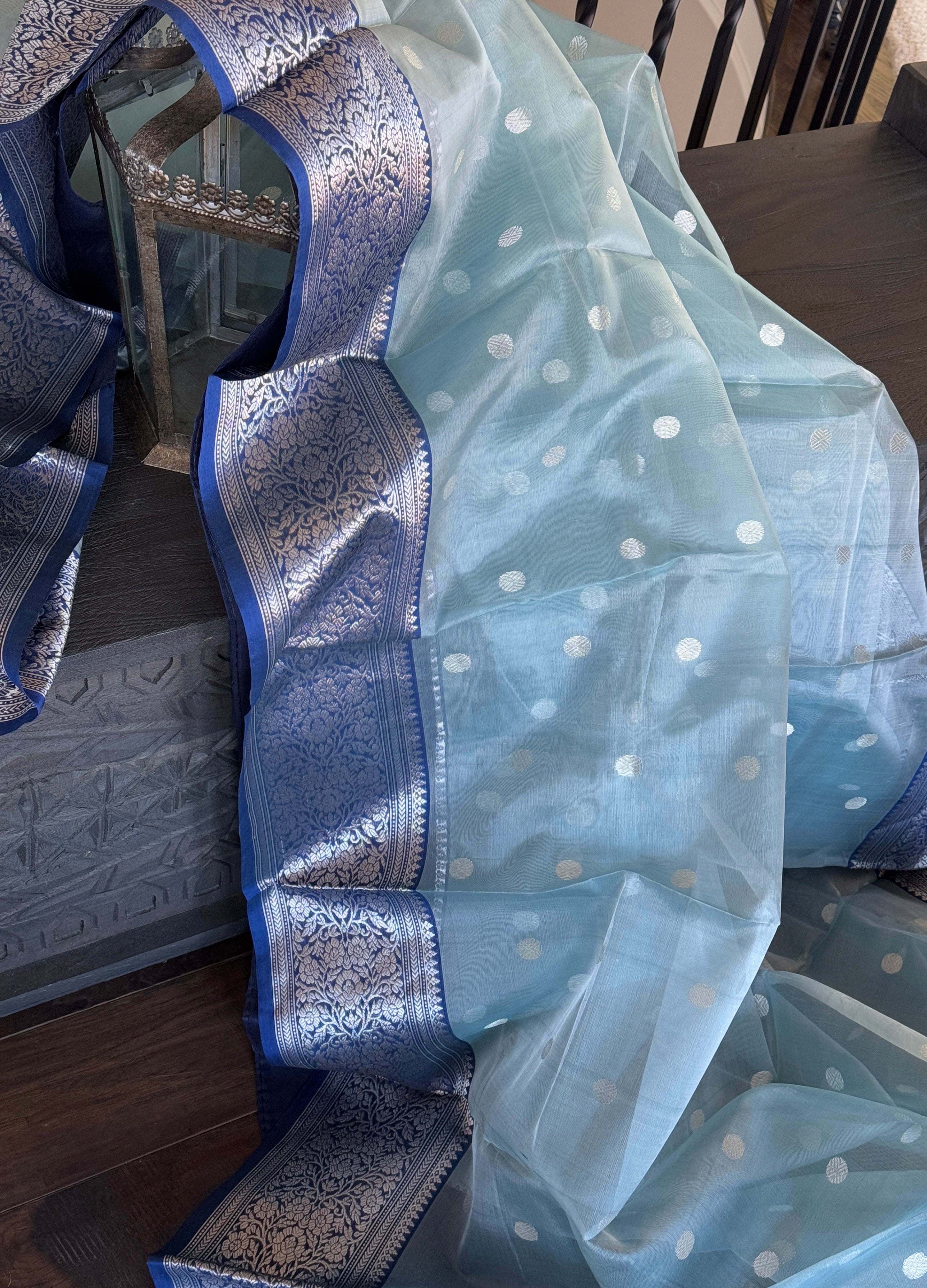 Chanderi Organza Silk - Light Aqua grey Blue