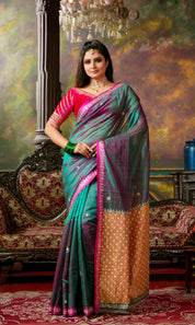 Hand Zardozi Pure Chanderi Pattu Silk - Green Pink Dual Shaded Pink