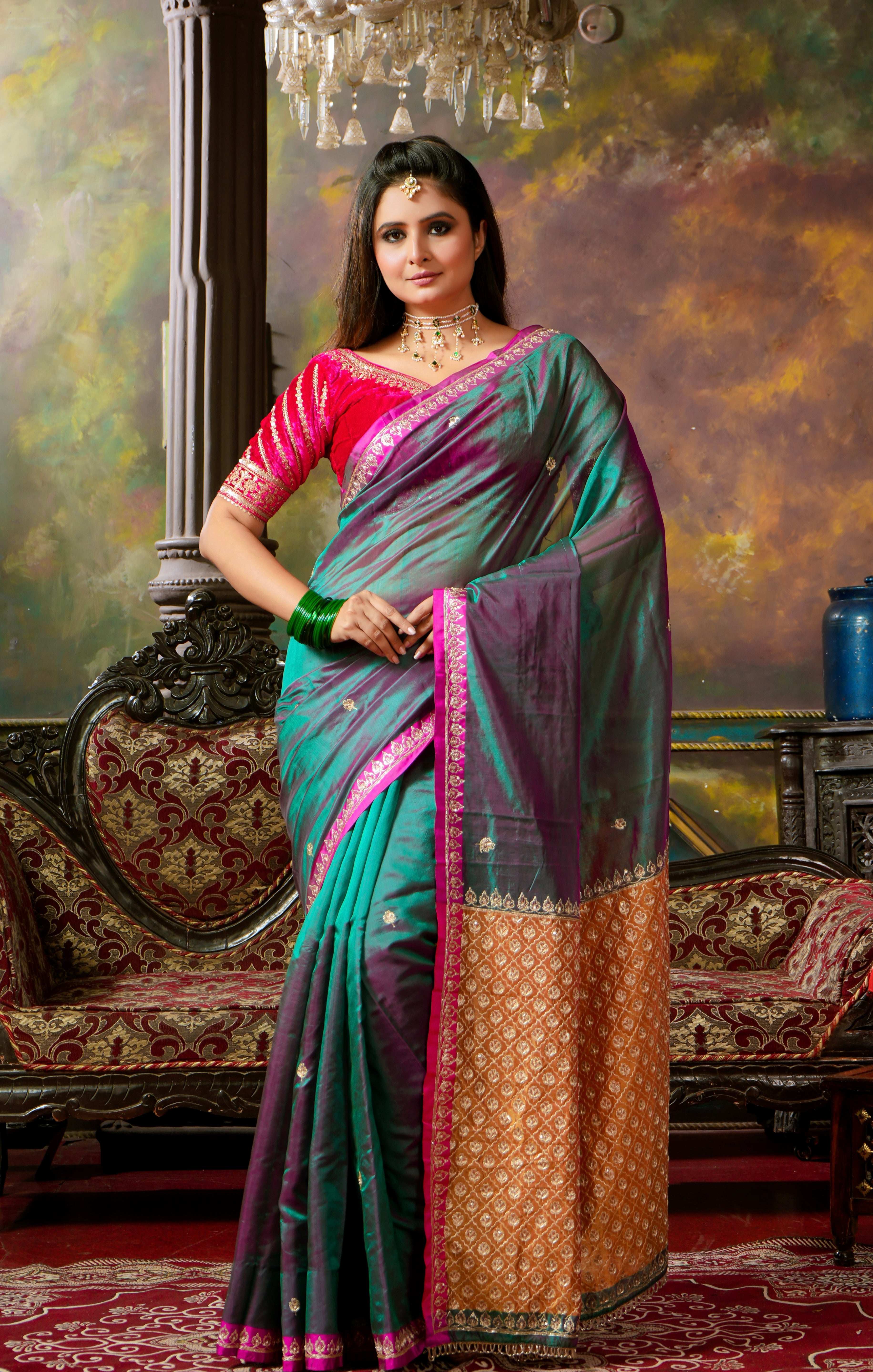 Hand Zardozi Pure Chanderi Pattu Silk - Green Pink Dual Shaded Pink