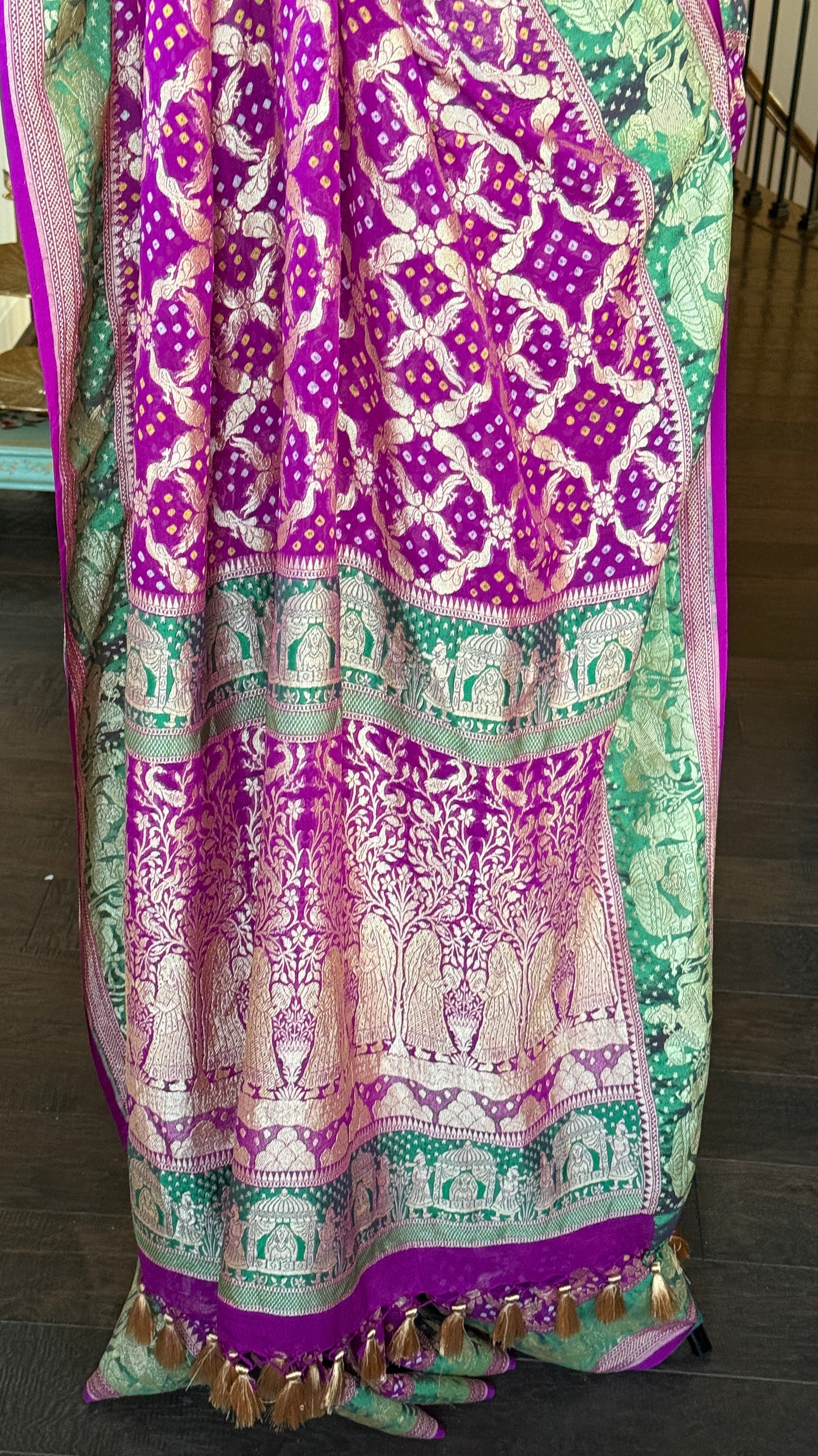 Bandhej Khaddi Georgette Banarasi - Purple Green