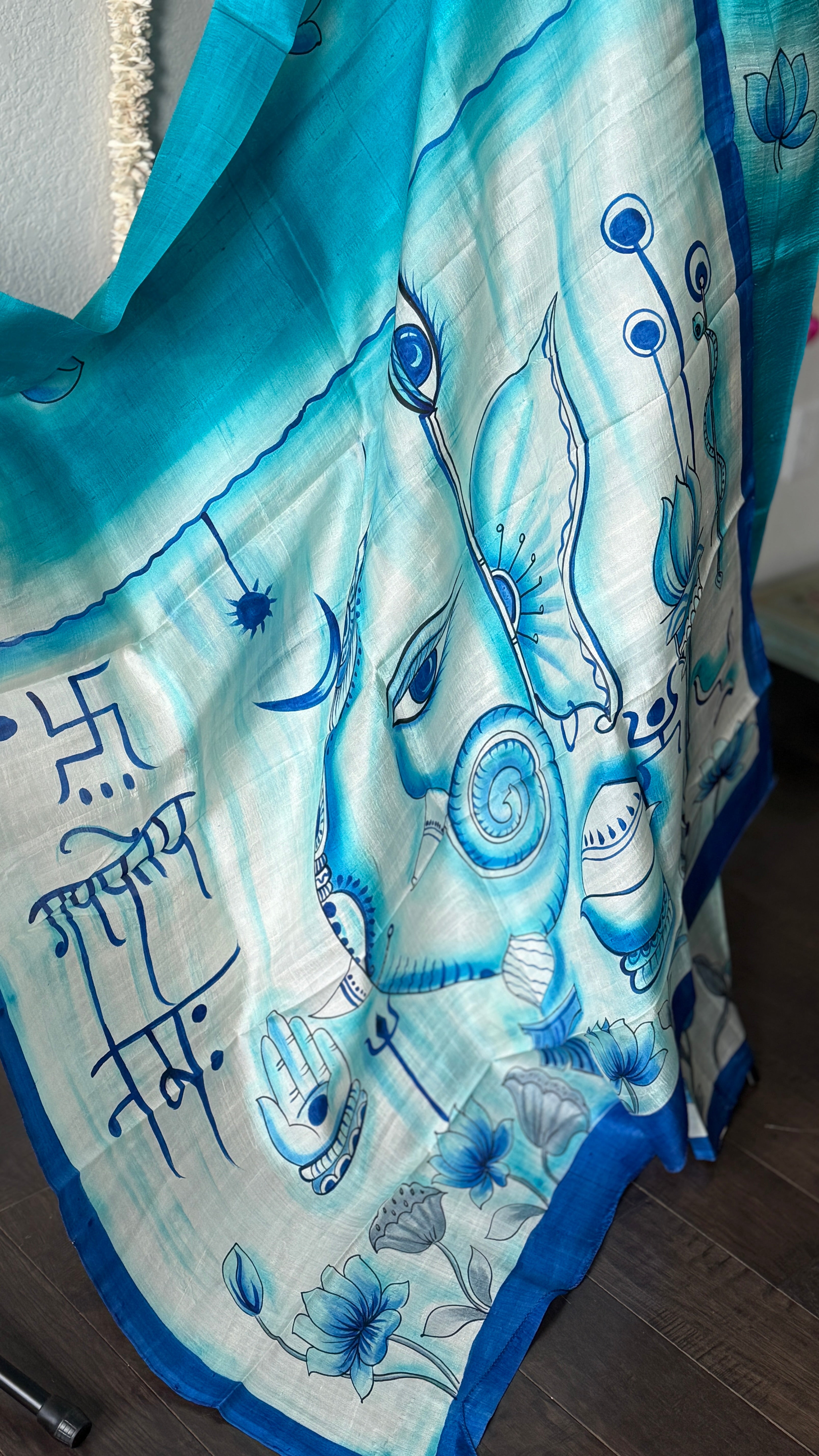 Hand Painted Tussar Silk - Firozi Blue Ganesha
