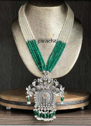 Silver Long Necklace - Statement Pendant Beaded