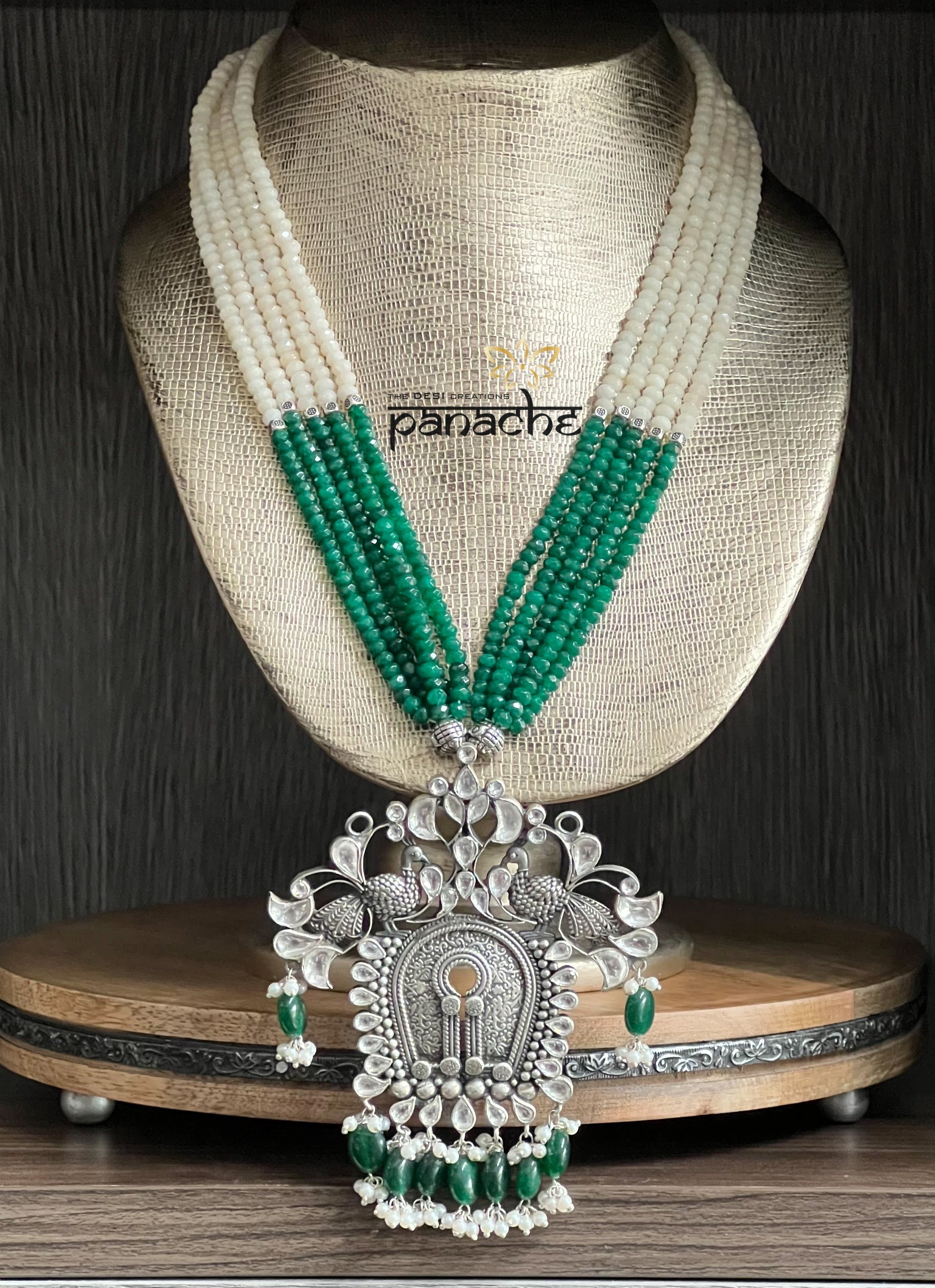 Silver Long Necklace - Statement Pendant Beaded