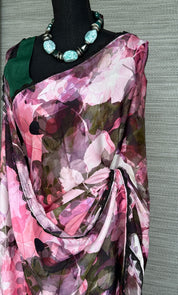 Designer Satin Maslin Silk - Green Pink Shaded Flower