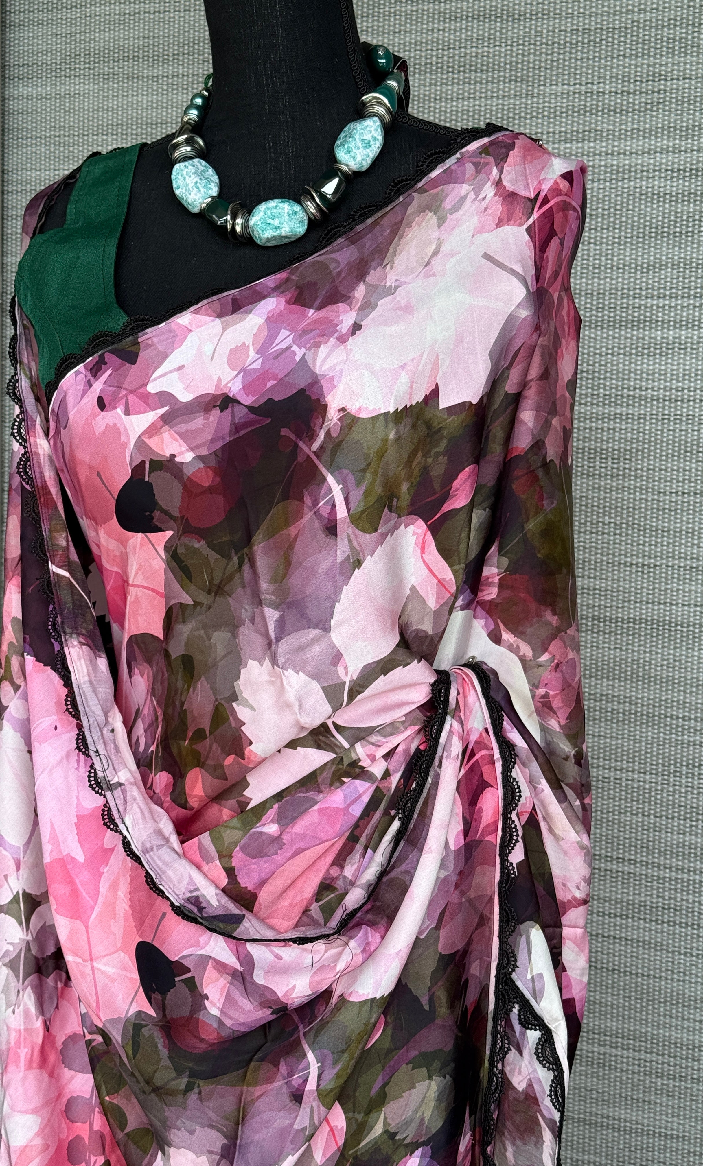 Designer Satin Maslin Silk - Green Pink Shaded Flower