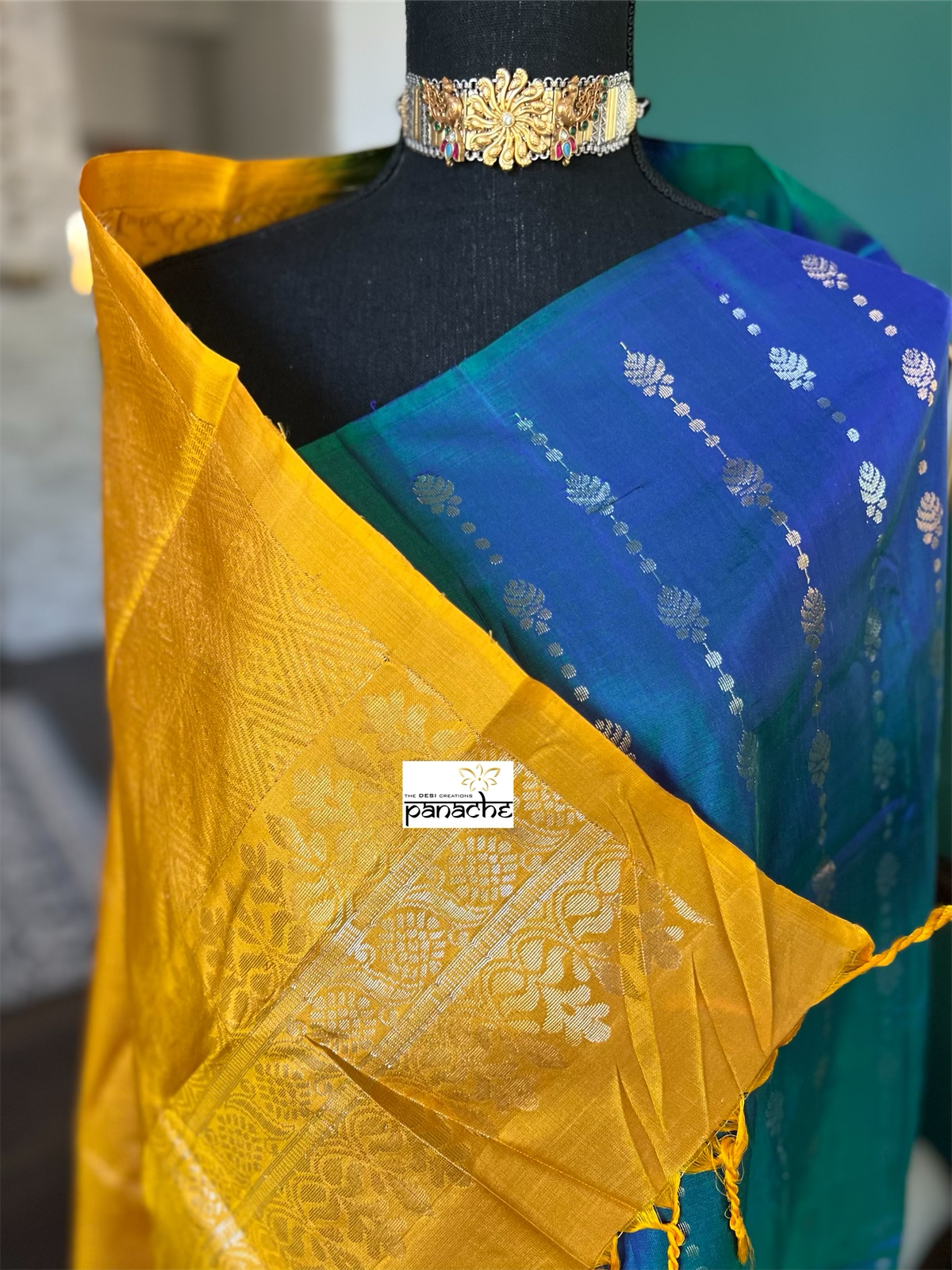 Pure Silk Kanjivaram - Peacock Blue Yellow