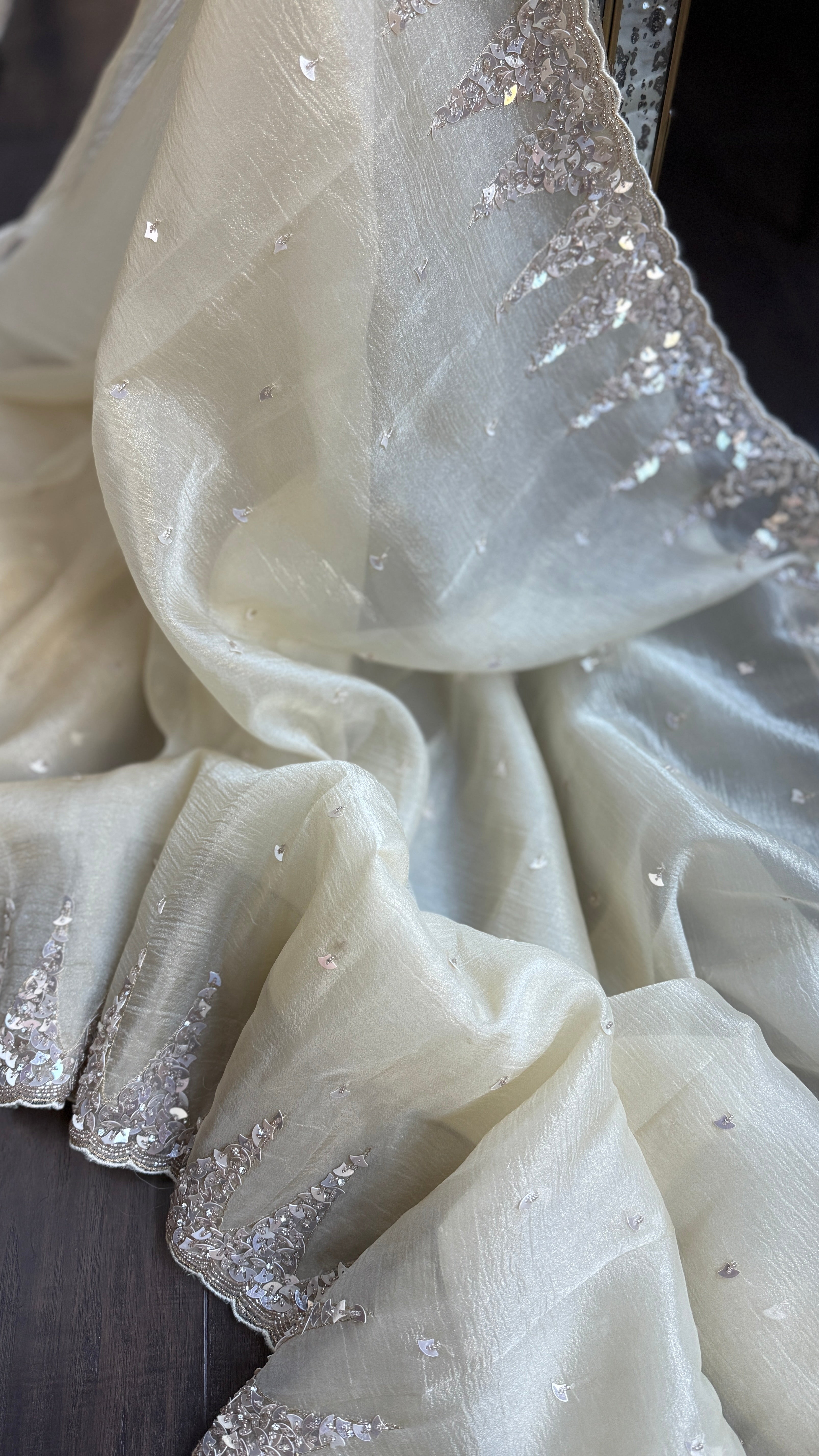 Designer Crushed Chiffon - Light Butter Yellow Sequin Hand Work