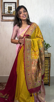 Khaddi Georgette Banarasi - Ochre Yellow Mahendi Paithani