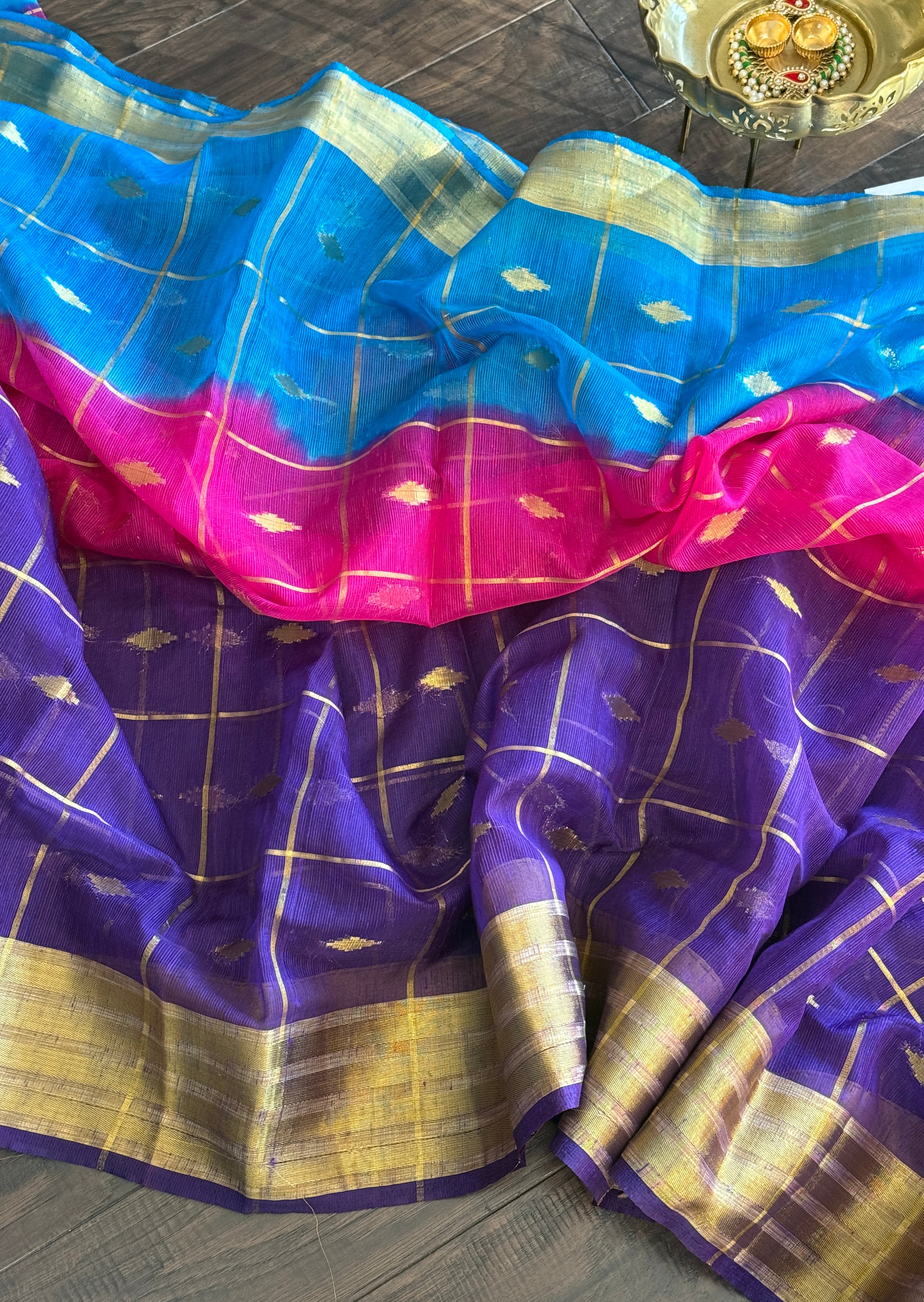 Soft Dupion Cotton Saree - Firozi Pink Purple