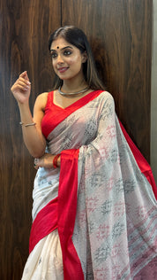 Pure Khadi Cotton Hand Kantha - White Red