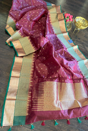 Pure Chanderi Silk - Brown Plum Green Golden Silver Zari Woven
