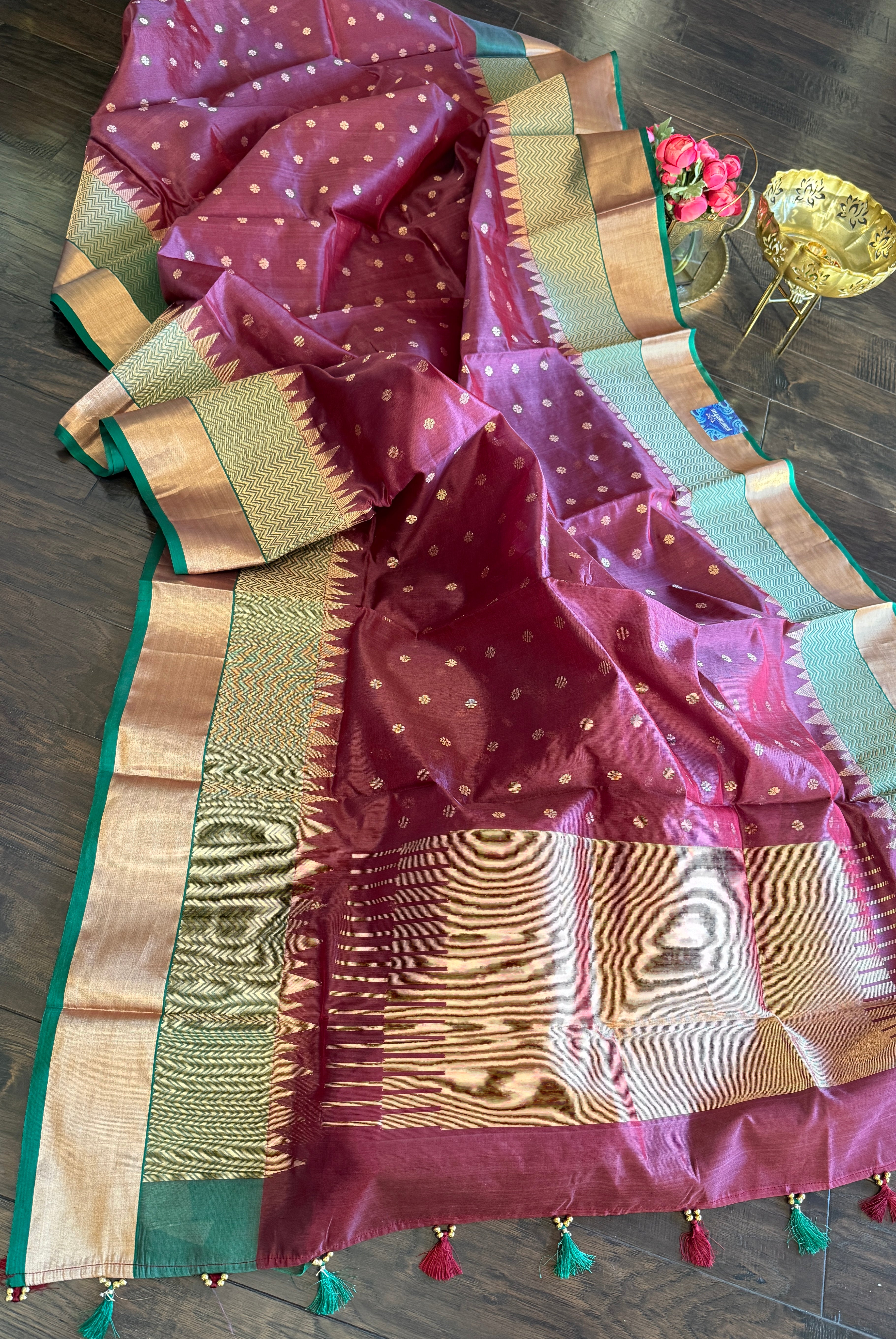 Pure Chanderi Silk - Brown Plum Green Golden Silver Zari Woven