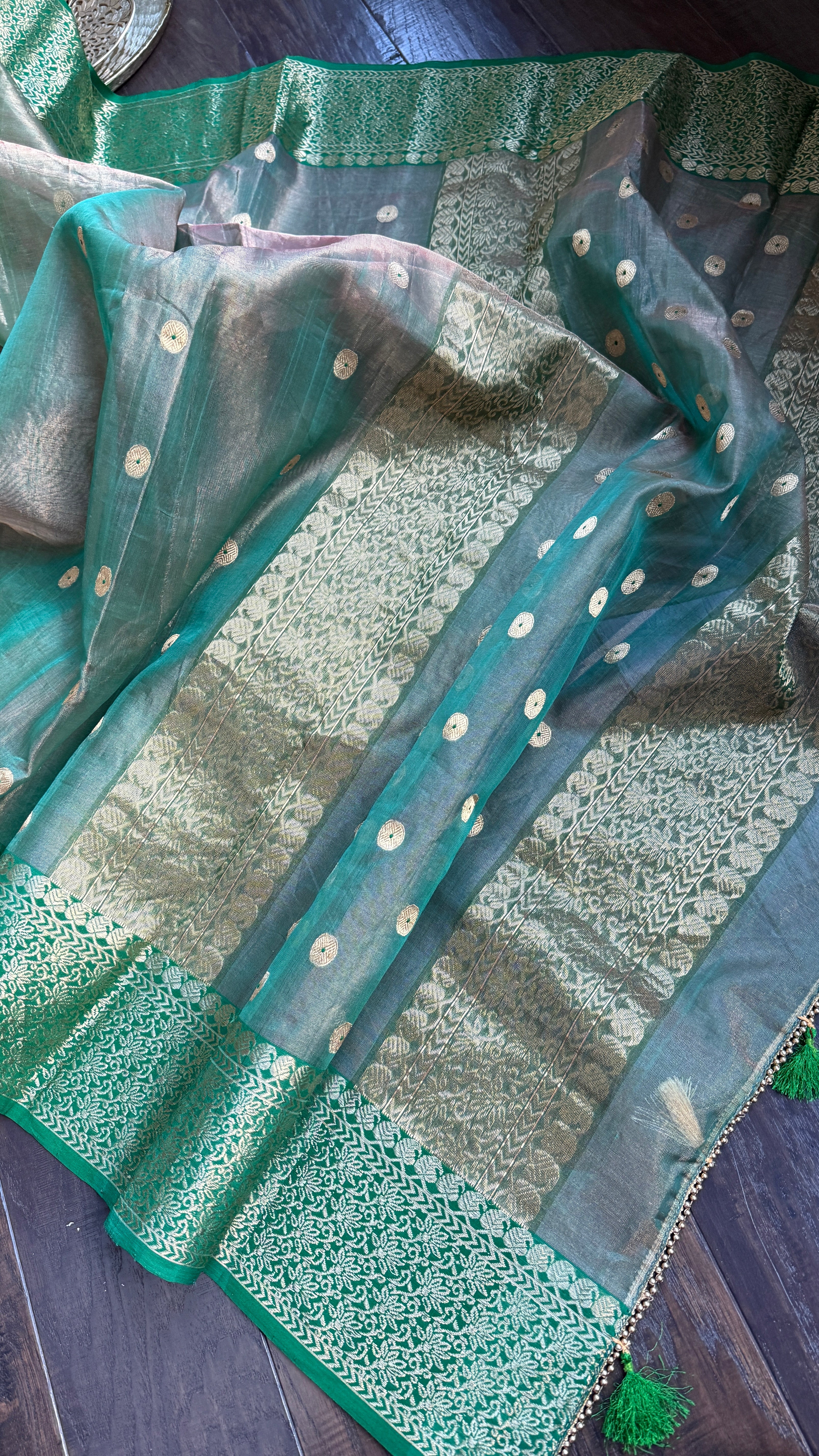 Tissue Chanderi Silk - Green Golden Zari