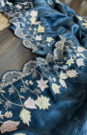 Designer Crushed Tissue Silk - Teal Blue Pitta Embroidered
