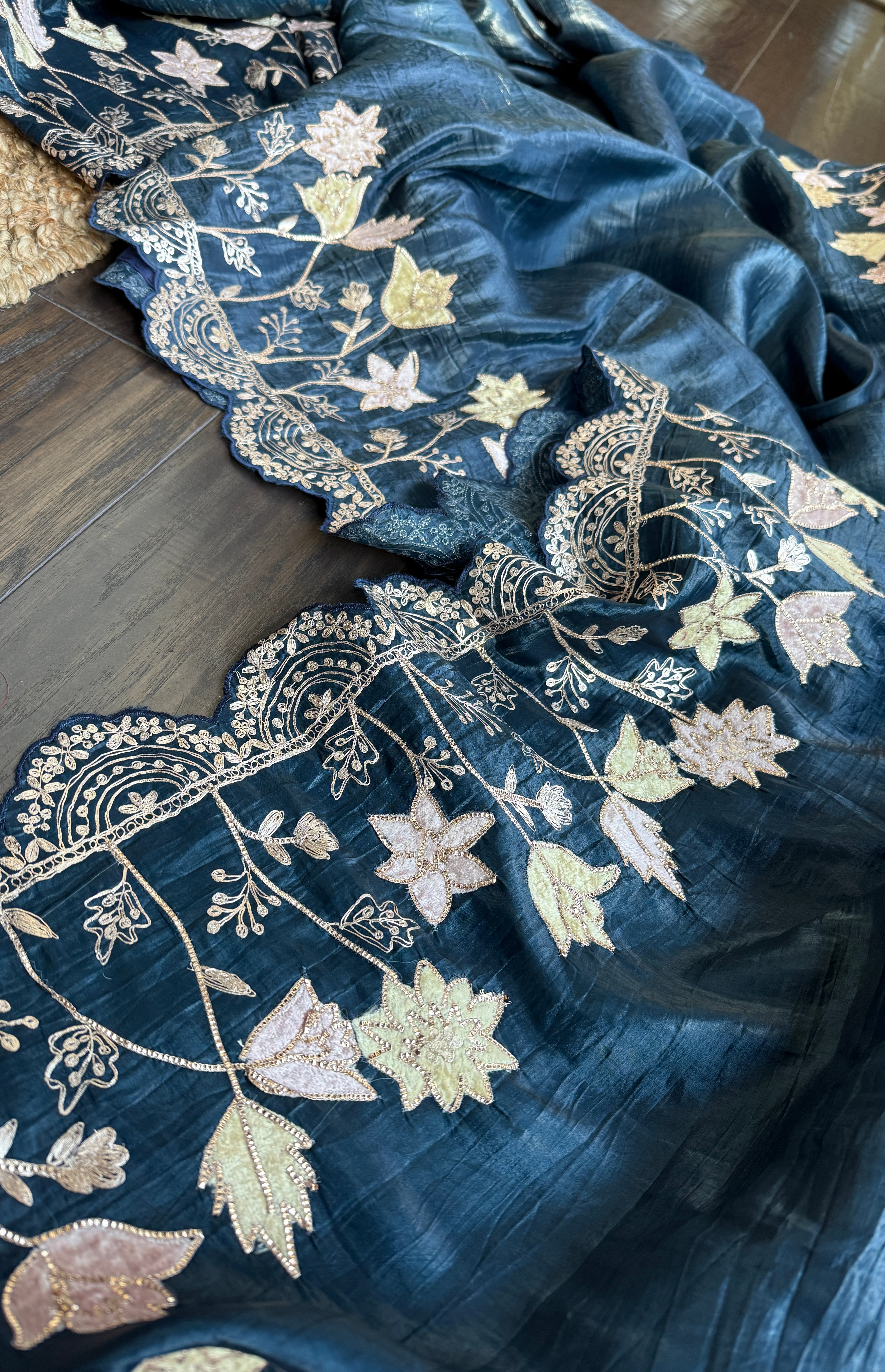 Designer Crushed Tissue Silk - Teal Blue Pitta Embroidered